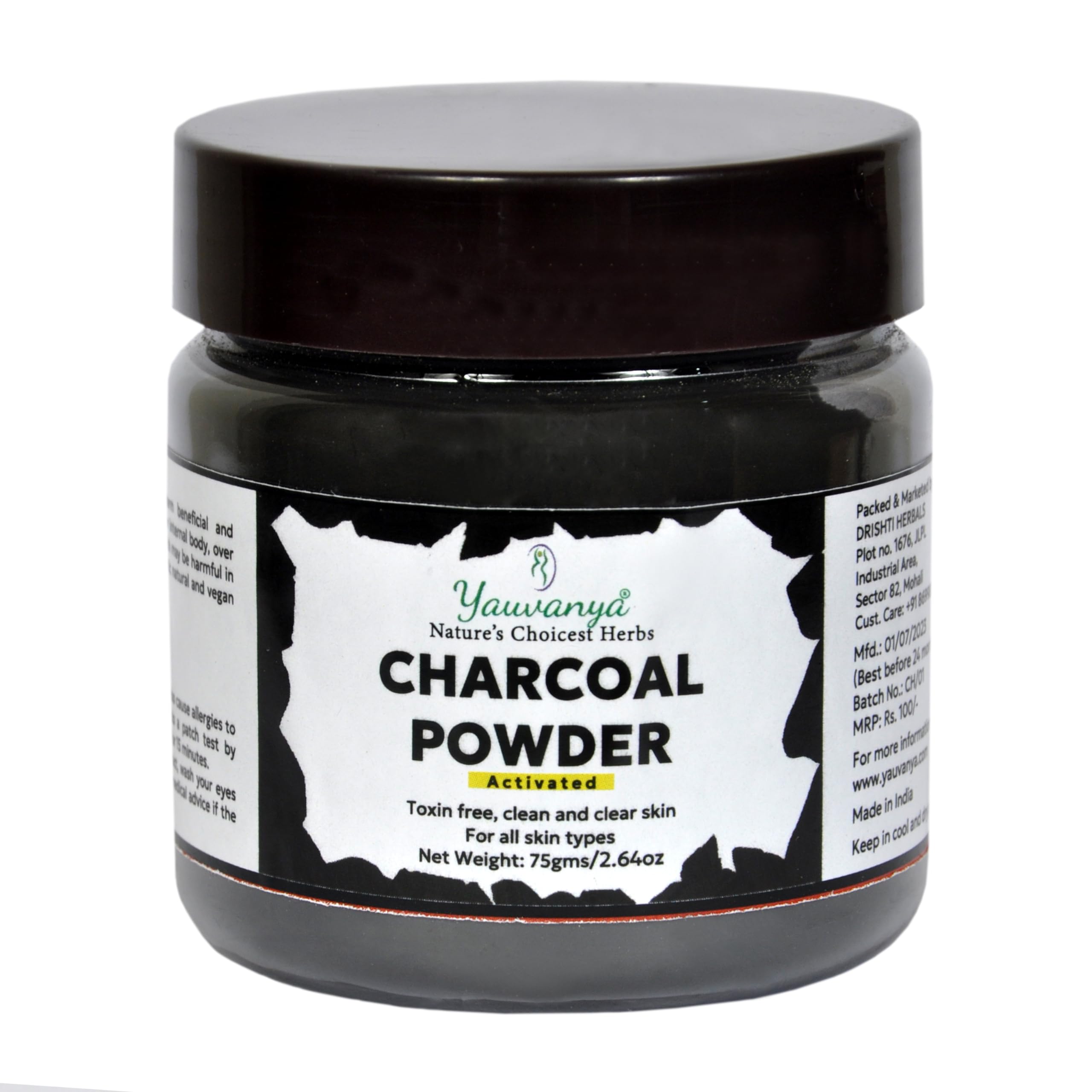 Yauvanya Activated Charcoal Powder - 75 gms | Removes Toxins | Face Cleanser | Absorbs Excess Oil
