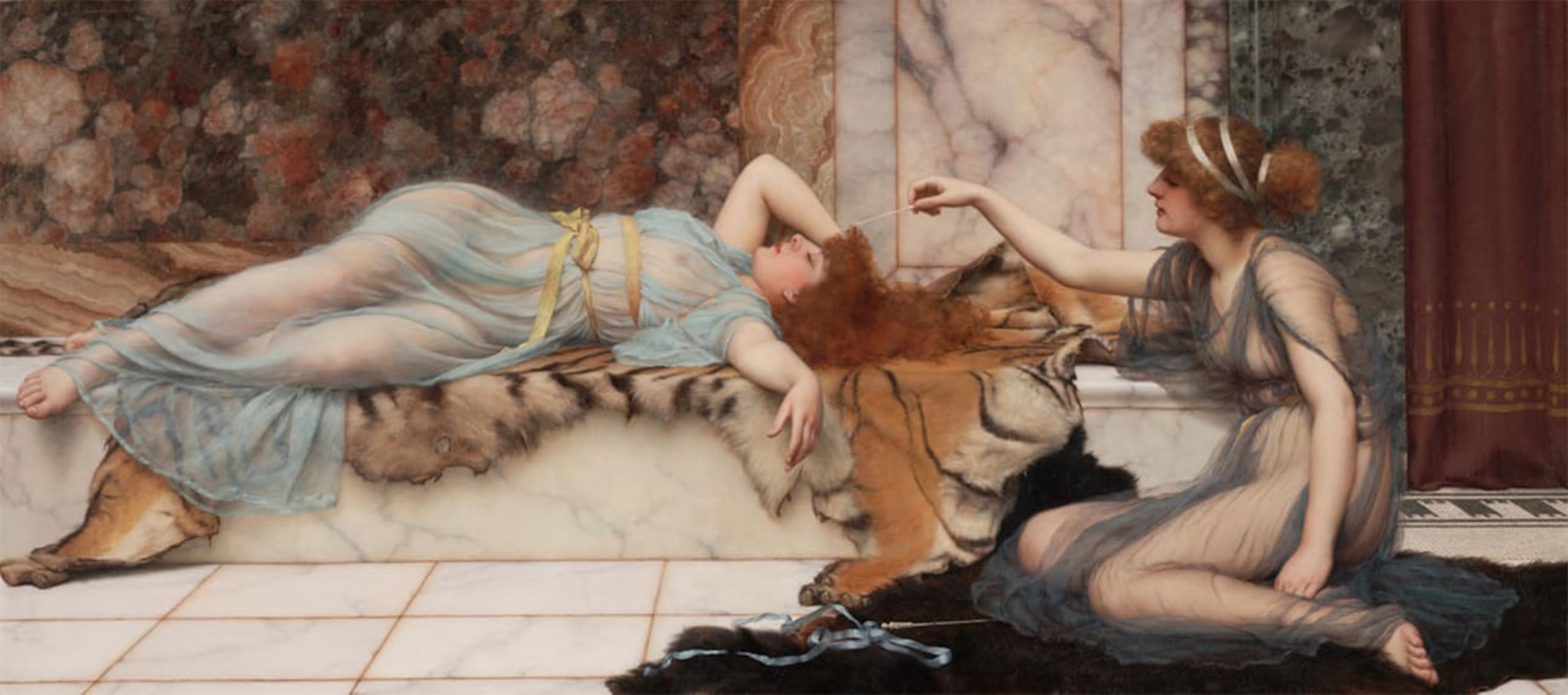 POSTERIIk Vintage Classic Picture Landscape Artwork Mischief and Repose by John William Godward Portrait Canvas Painting for Office Home Decor 60x90cm