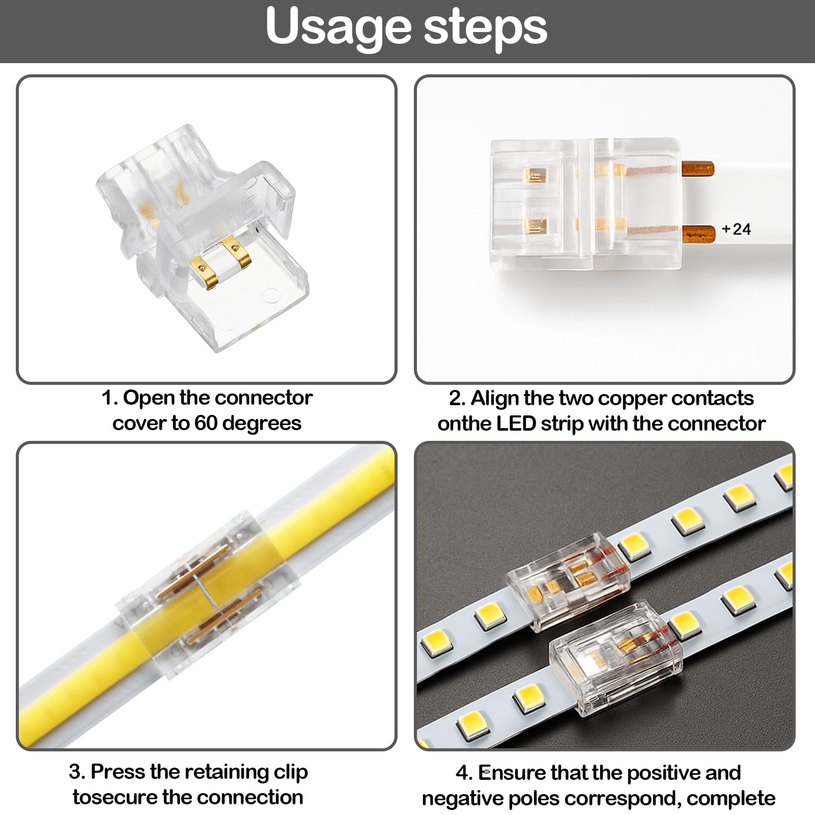 Kit Connecteur Ruban LED COB 2 Pin 8mm, Lot De 8 Connecteurs Pour Ruban Led Cob 4pcs Connecteurs Type L Angle 4pcs Connecteurs Intermediaires Pour Led Bande 12v 24v Transparent