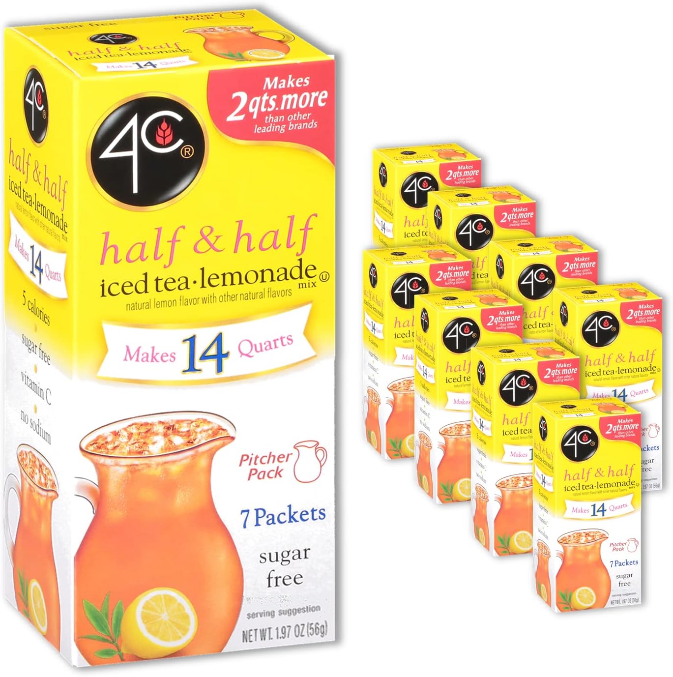 4C Pitcher Packs, Half & Half 8 Pack, Makes 14 Quarts, Sugar Free Powder Drink Mix, Refreshing Water Flavorings, Makes 2 Quarts Each Packet