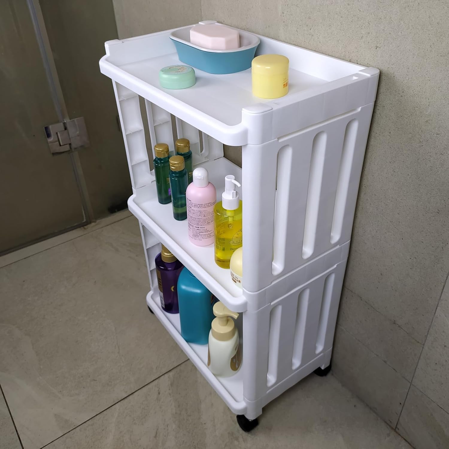 3 Tier Plastic Rolling Cart for Bathroom Bath Laundry Room Toilet Side Storage Shelf on Wheels Small Table with Wheels Narrow Organizer Shelving Unit Slim Movable Organization Rack Home Office Cart