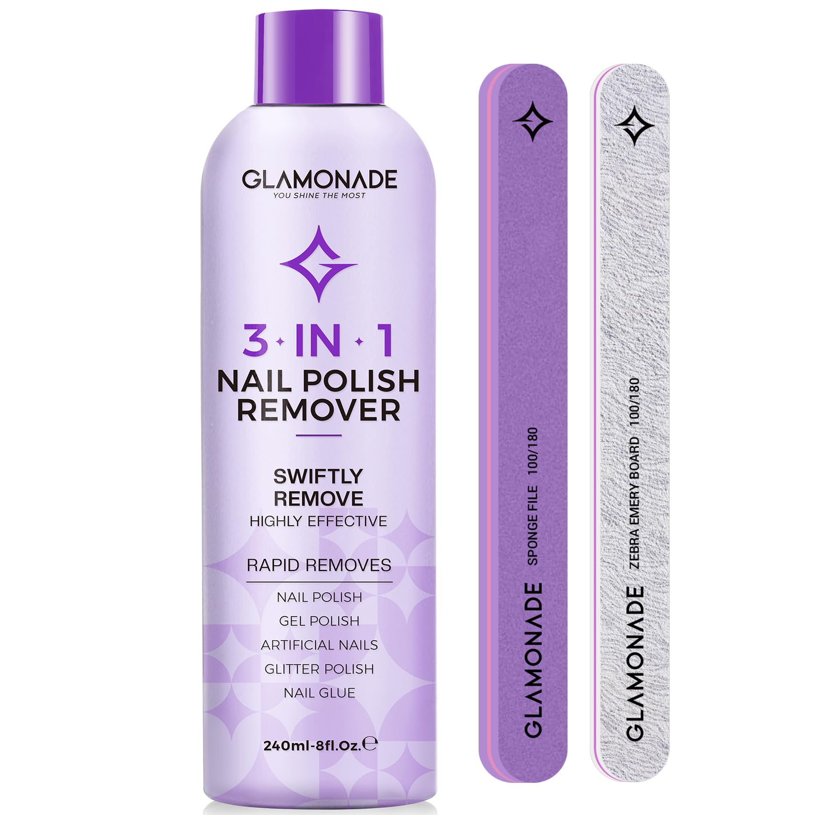 Glamonade Acetone Nail Polish Remover Kit: Manicure Kit Includes Nail File and Nail Buffer Block, Soak off Gel Polish Remover for Gel Acrylic Glitter Nail Glue for Home Salon(8 Fl.Oz.)