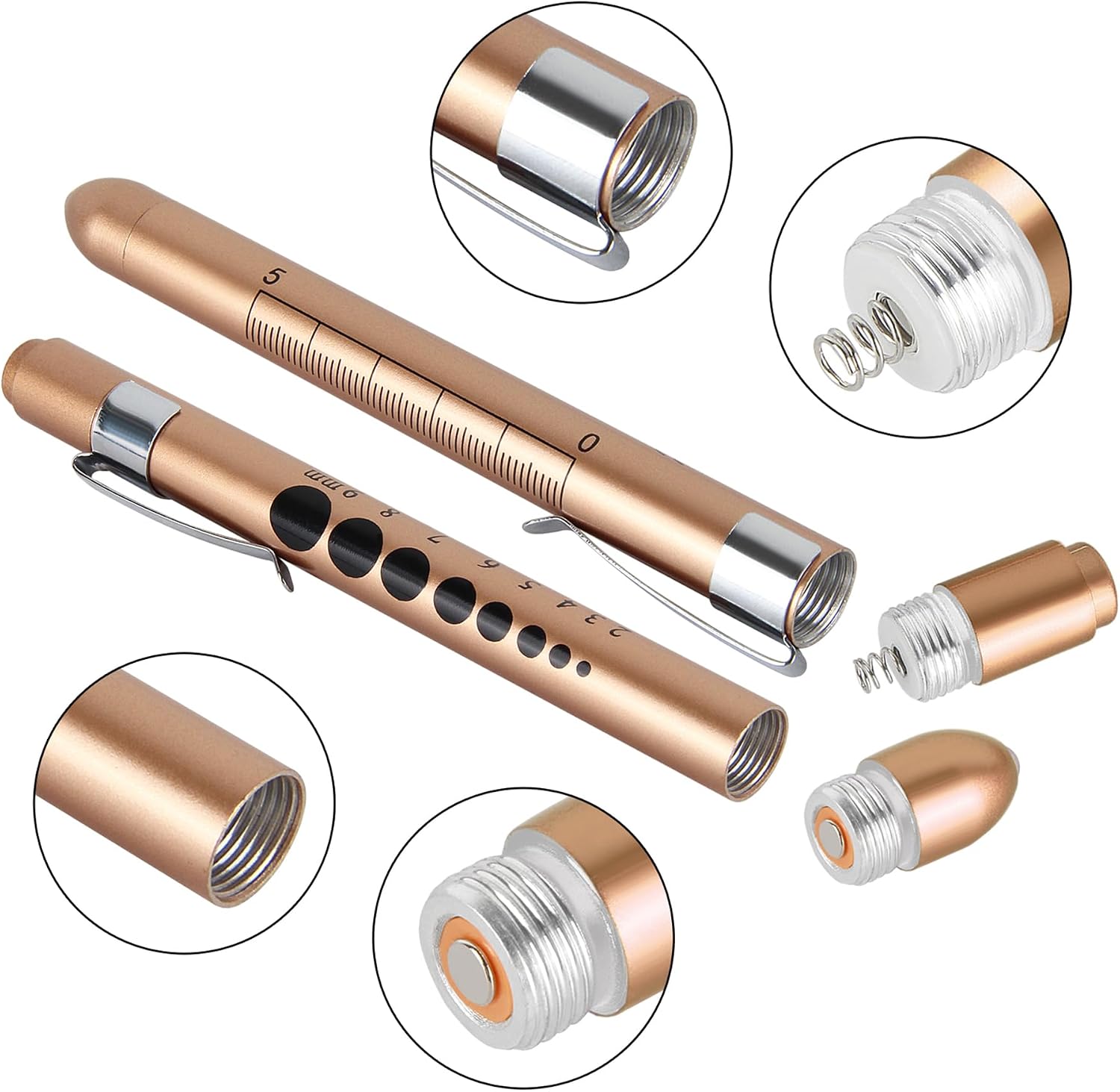 Reusable LED Medical Pen Light with Pupil Gauge & Ruler, Gold, 2PCS