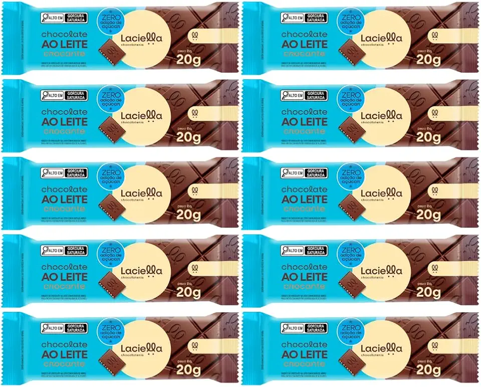 Kit com 10 Tabletes de Chocolate ao Leite Crocante Zero Açúcar de 20g cada - Laciella