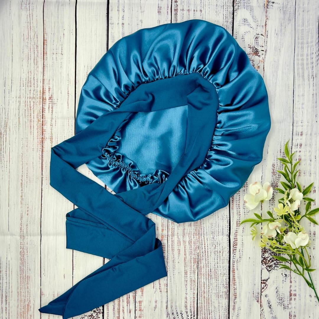 Double-Layer Satin Bonnet for Sleeping – Small Adjustable Stretch-Tie Sleep Cap (32cm) – Reversible Charmeuse Satin for Short Hair, Waves & Pixie Cuts (Peacock Blue)