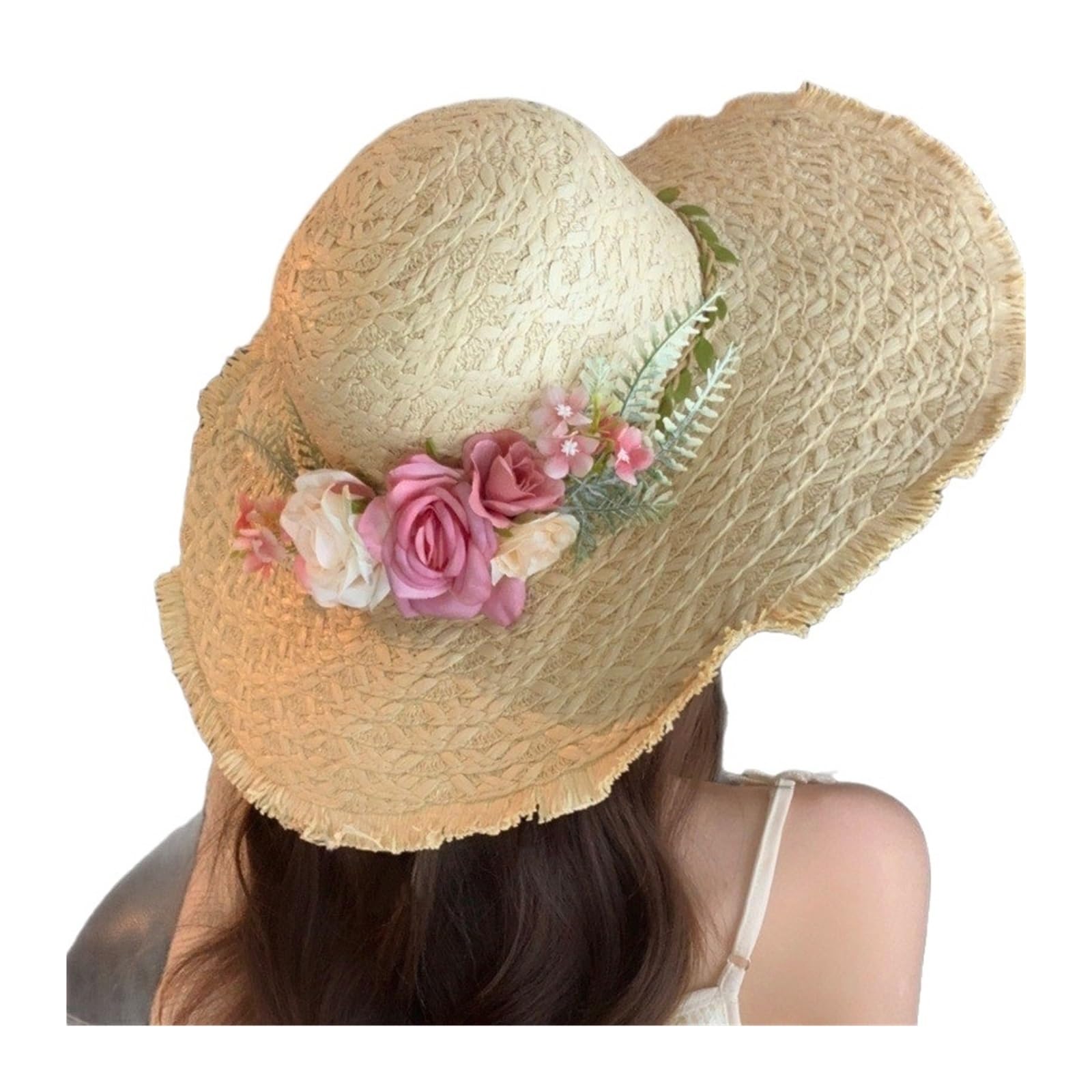 Visiera Estiva da Spiaggia per Cappello da Sole a Tesa Larga in Paglia di Pizzo Floreale