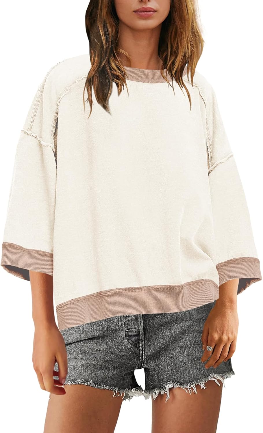 SENSERISE Womens Oversized Sweatshirt 3/4 Sleeve Tops Crewneck Sweatshirts Summer Trendy Color Block Pullover