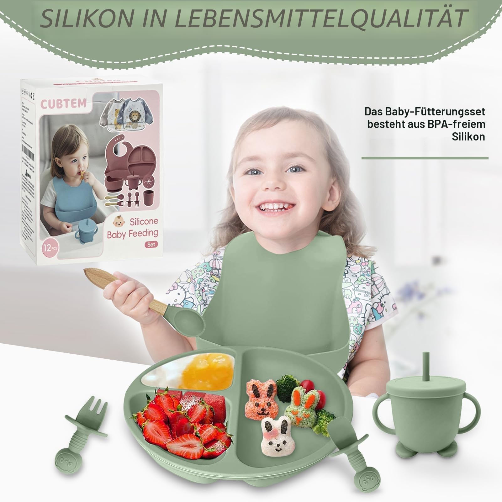 Baby Geschirrset,12er Set Kindergeschirr, Babylöffel,Trinklernbecher,Silikon Lätzchen,Baby Teller Kinderteller mit Saugnapf,Baby Led Weaning Set