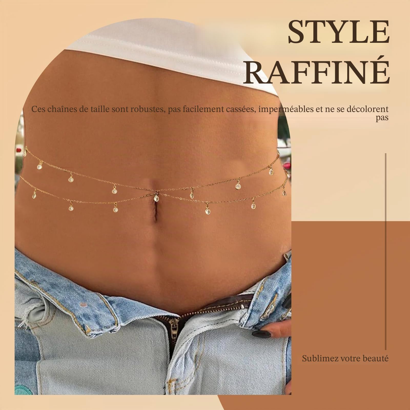Chaîne de Taille en Or pour Femme, Chaîne de Ventre Plaquée Or 18K avec Zircone Réglable Étanche Sexy Chaînes de Bikini Chaînes de Corps d'Eté Accessoires de Plage pour Femme