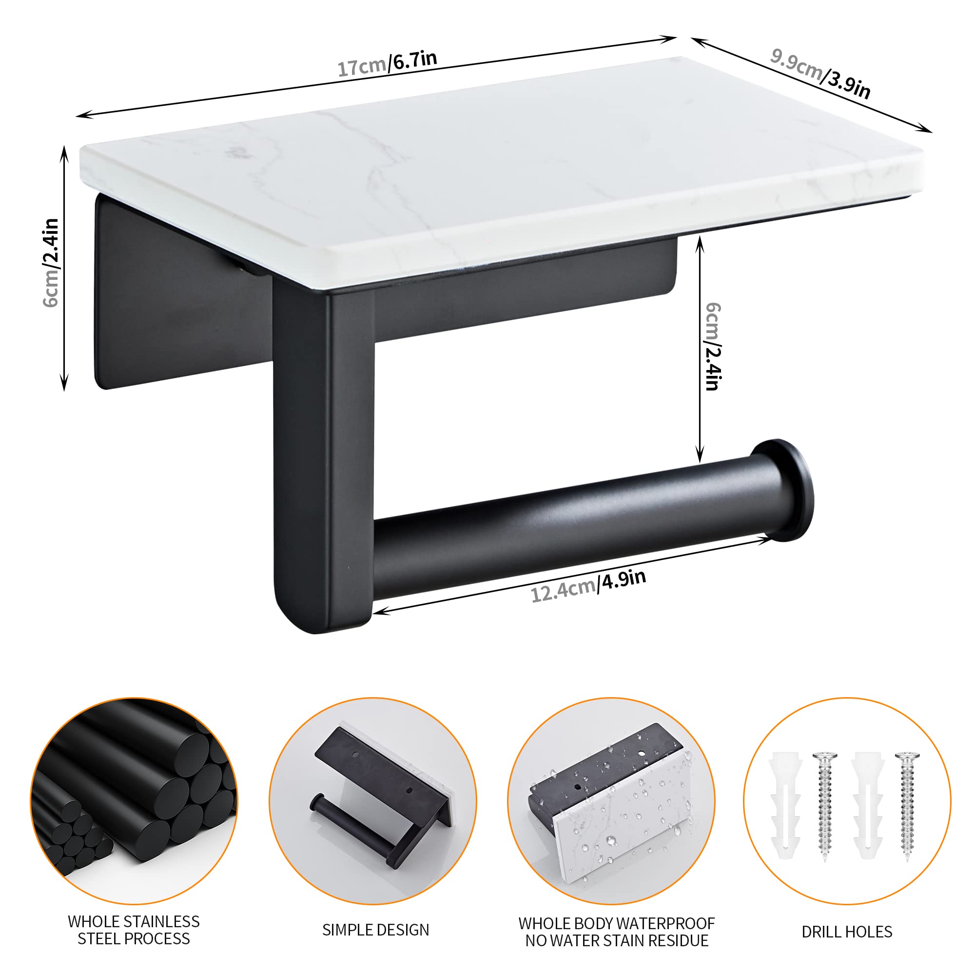 Matte Black Toilet Paper Holder with Shelf, 304 Stainless Steel Screw Wall Mounted, Marble Tissue Roll Holder with Storage - Image 3