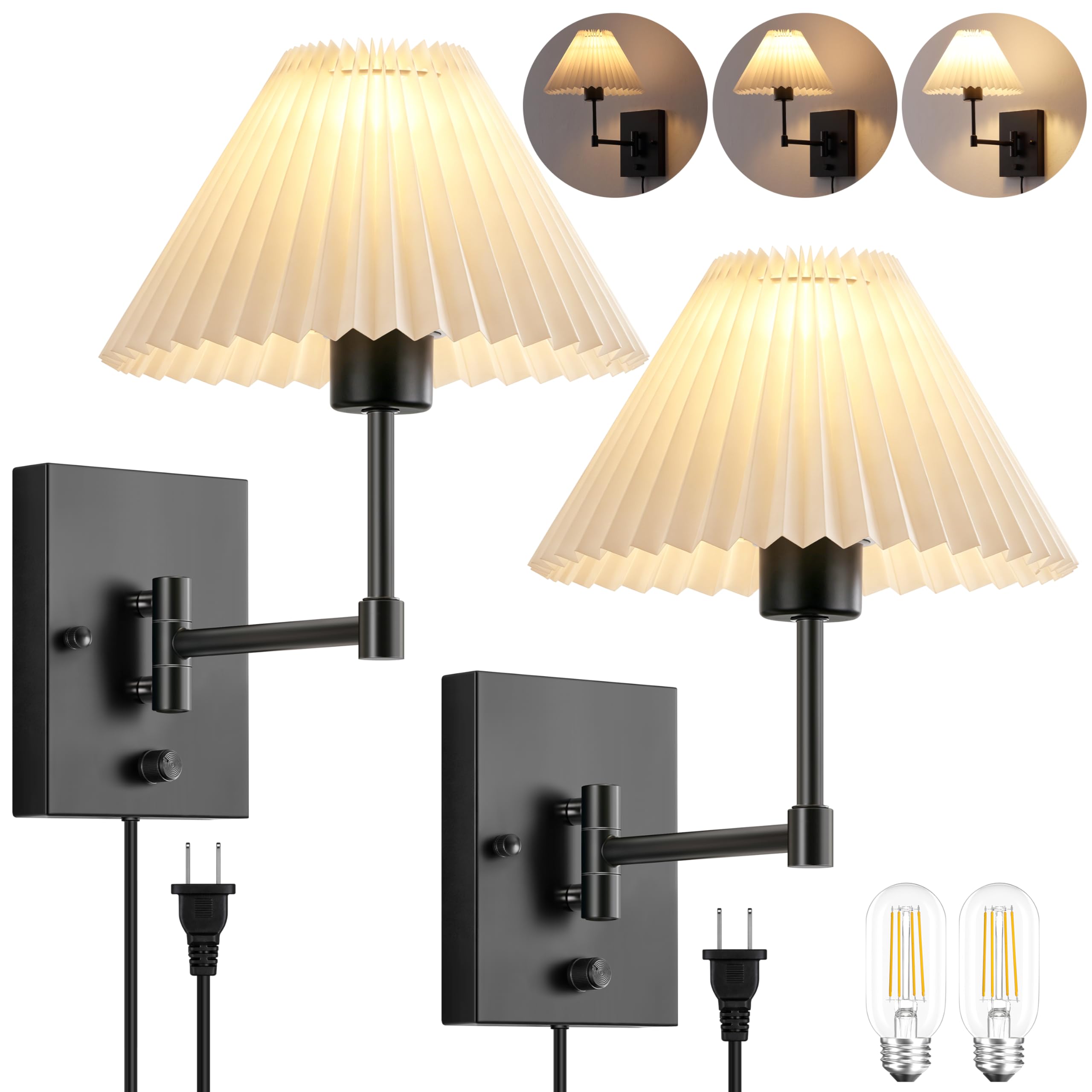 Photo 1 of **HAS DAMAGE LAMP SHADE*** Mikniri Dimmable Wall Sconces Set of 2, Plug in Wall Sconce with White Pleated Fabric Shade, Swing Arm Wall Lights with Plug in Cord and On/Off Dimmer Rotary Switch, Wall Lamp for Bedroom, Living Room