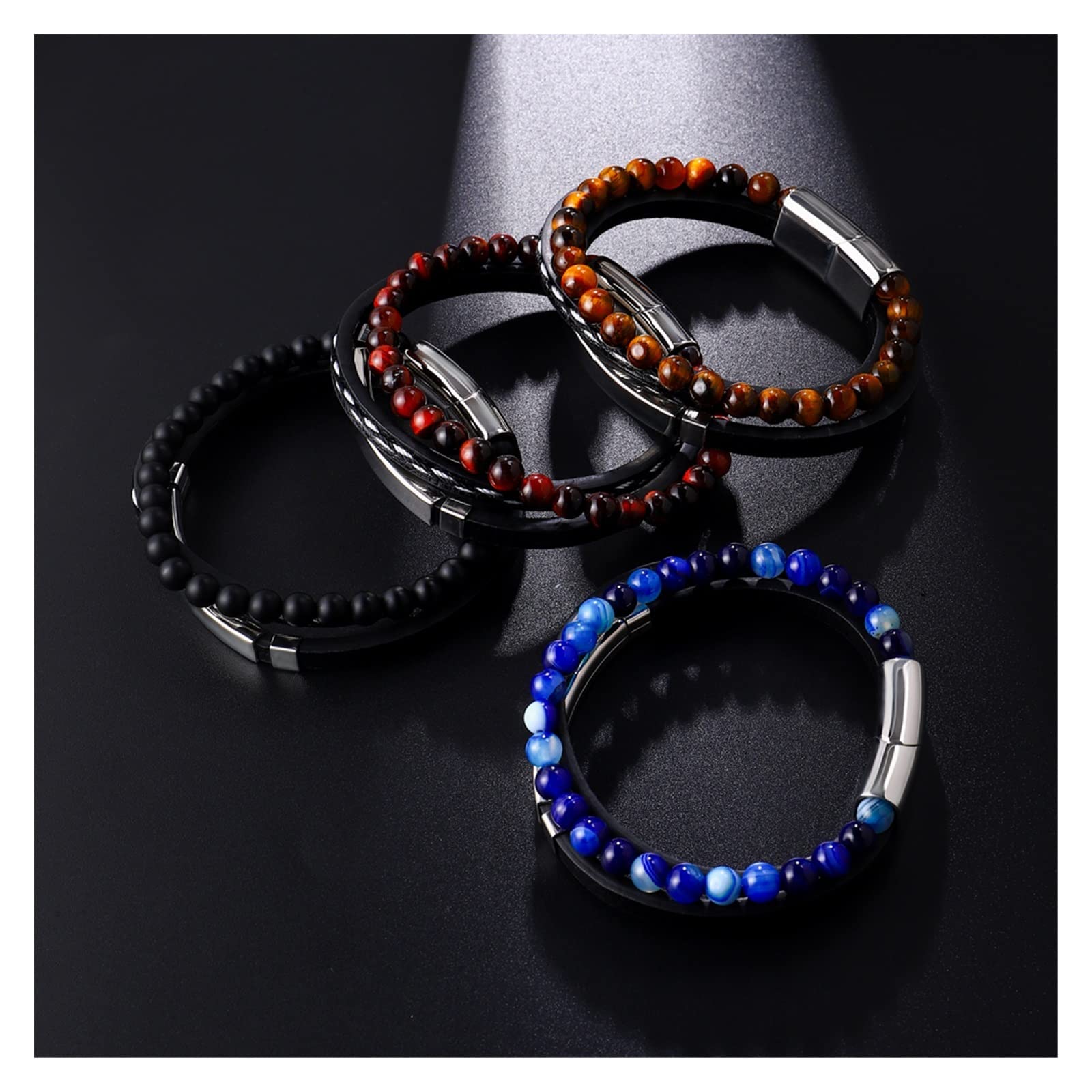 HLTYGWX Pulsera de Cuero grabada para Hombre, Cuentas de Piedra de Ojo de Tigre Amarillo, Regalos de joyería para Novio y Novia