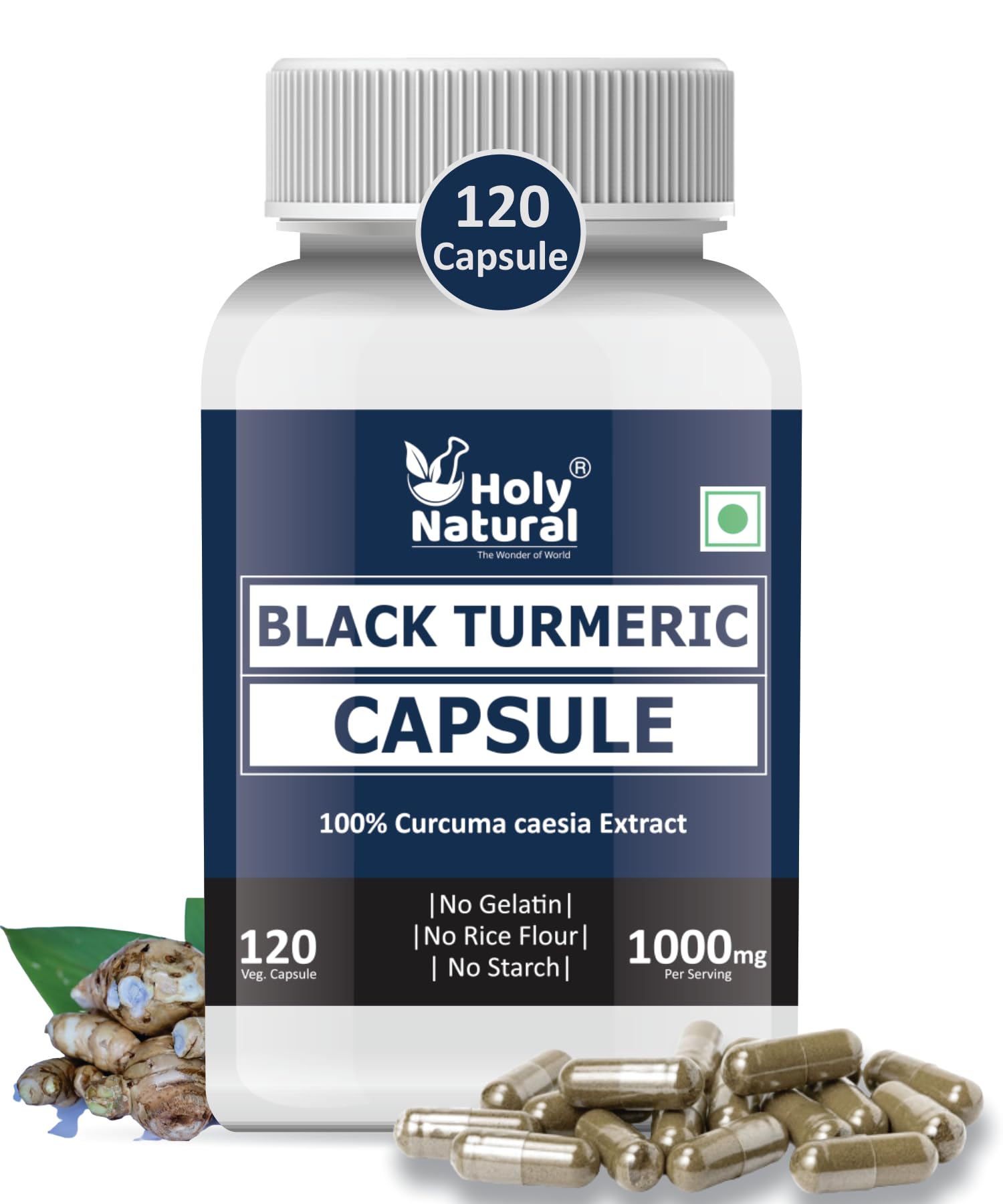 Holy Natural Black Turmeric Capsules - 120 Capsules (500 mg/cap) | Potent Black Turmeric Powder Use | Pure and Natural
