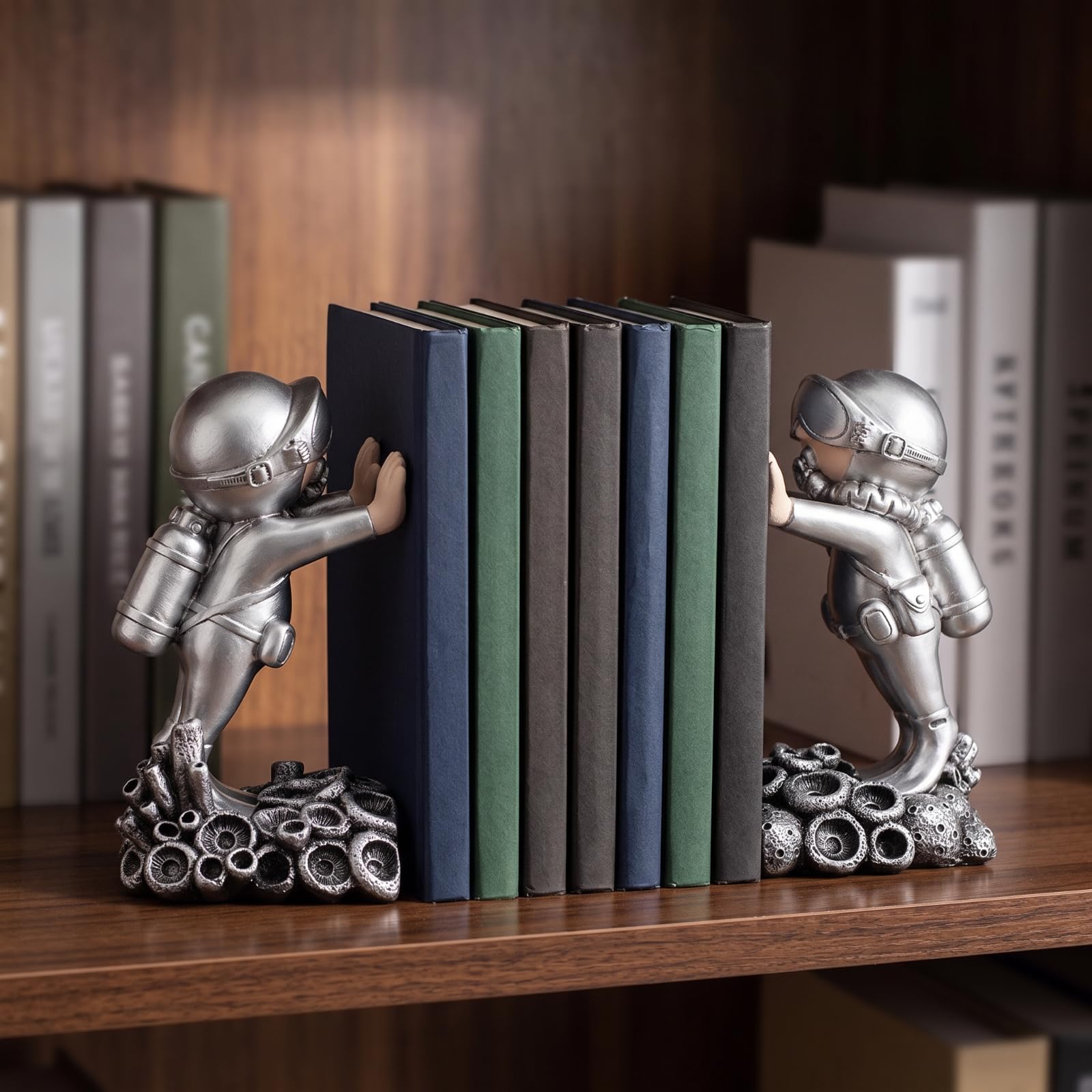 Serre-Livres Figurines Robustes Socle Texturé Eff Pierre, Moderne, Décoration, pr Bureau, Argent, Penseur Pair