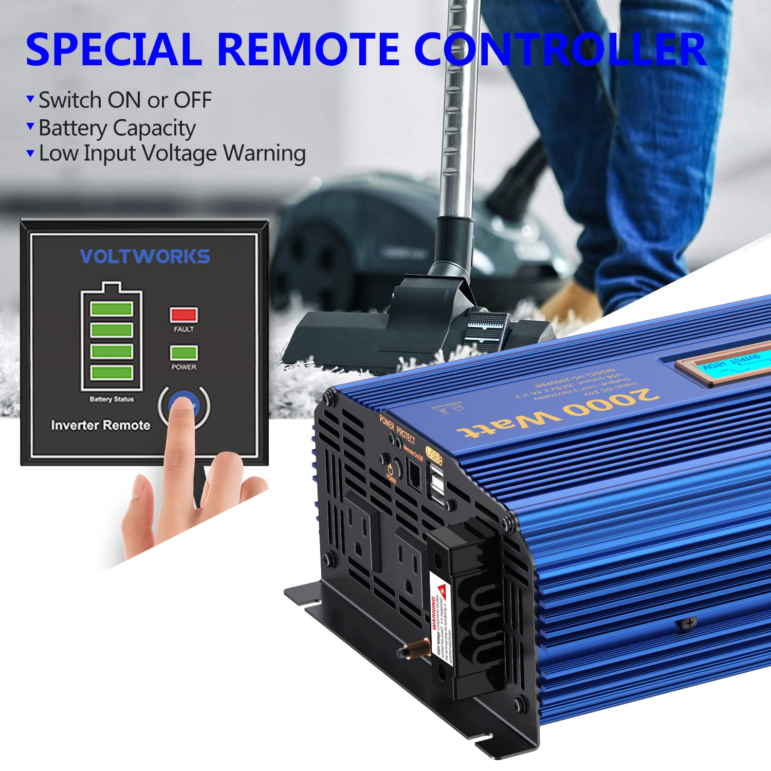 VOLTWORKS Falownik prądu stałego 24 V 2000 W z czystą falą sinusoidalną DC 24 V na AC 110 V 120 V i blok przewodowy z wyświetlaczem LCD, pilotem zdalnego sterowania i kablami akumulatorowymi, podwójny
