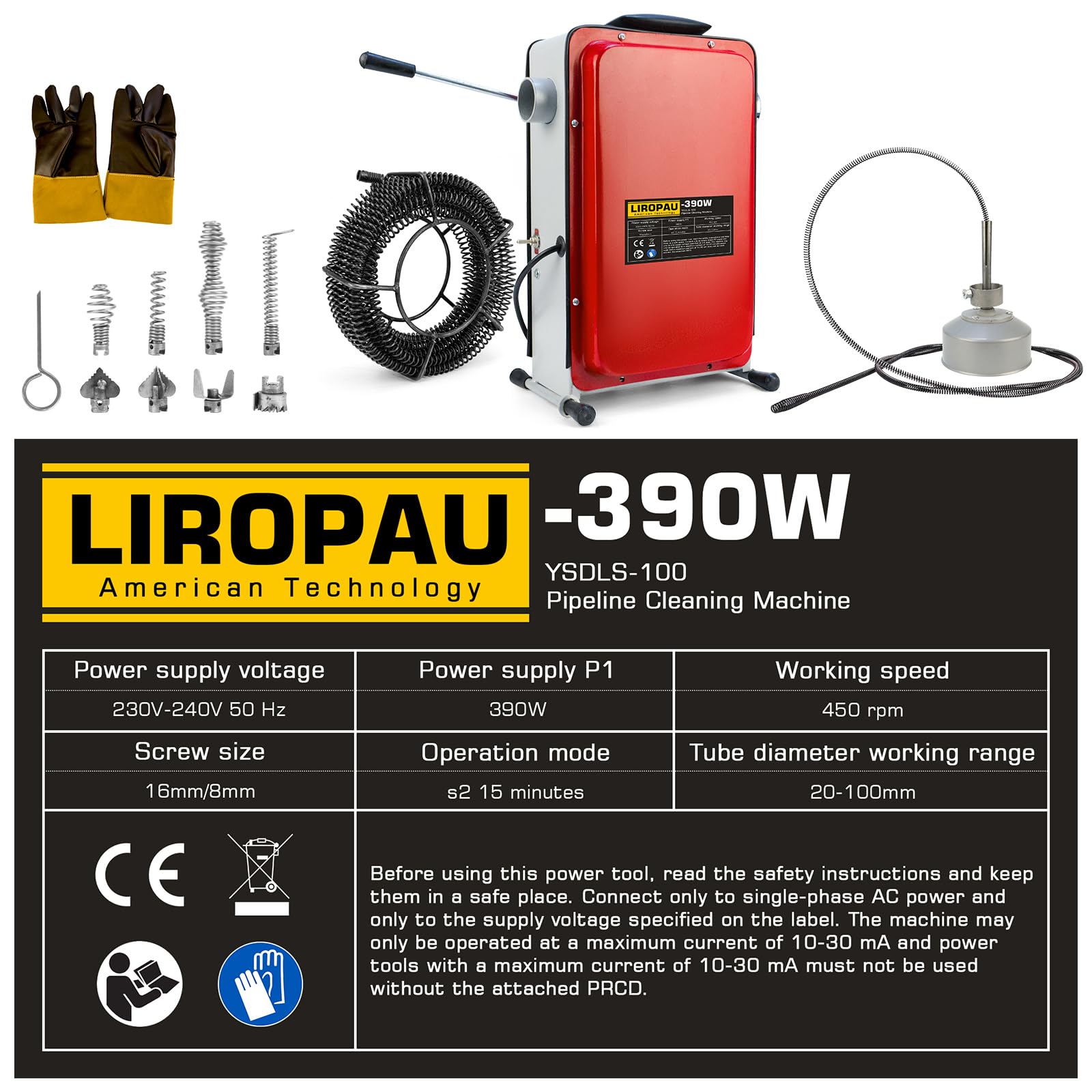 Elektryczna maszyna do czyszczenia rur 390 W, 450 obr./min, z przełącznikiem FI do rur Ø 20-100 mm, spirala do czyszczenia rur Ø 8 mm 10 m, spirale 16 mm 14,5 m, urządzenie do czyszczenia rur