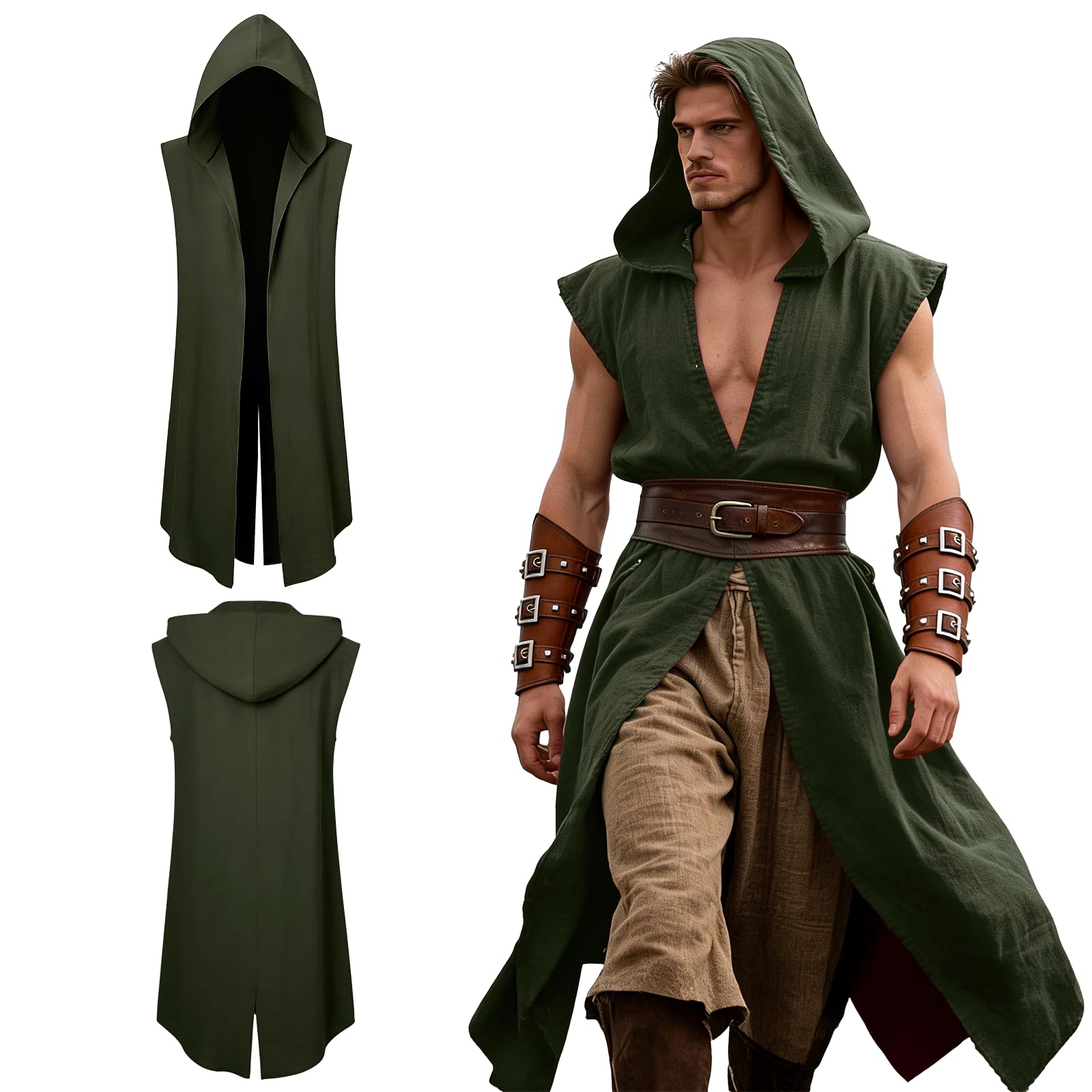 FJKVKDT Medieval Cloak Cape for Men, Sleeveless Long Hooded Robe, Open Front Linen Look Tabard Costume for LARP Renaissance Faire, Colours: Black Olive Green Burgundy (Olive Green, M)