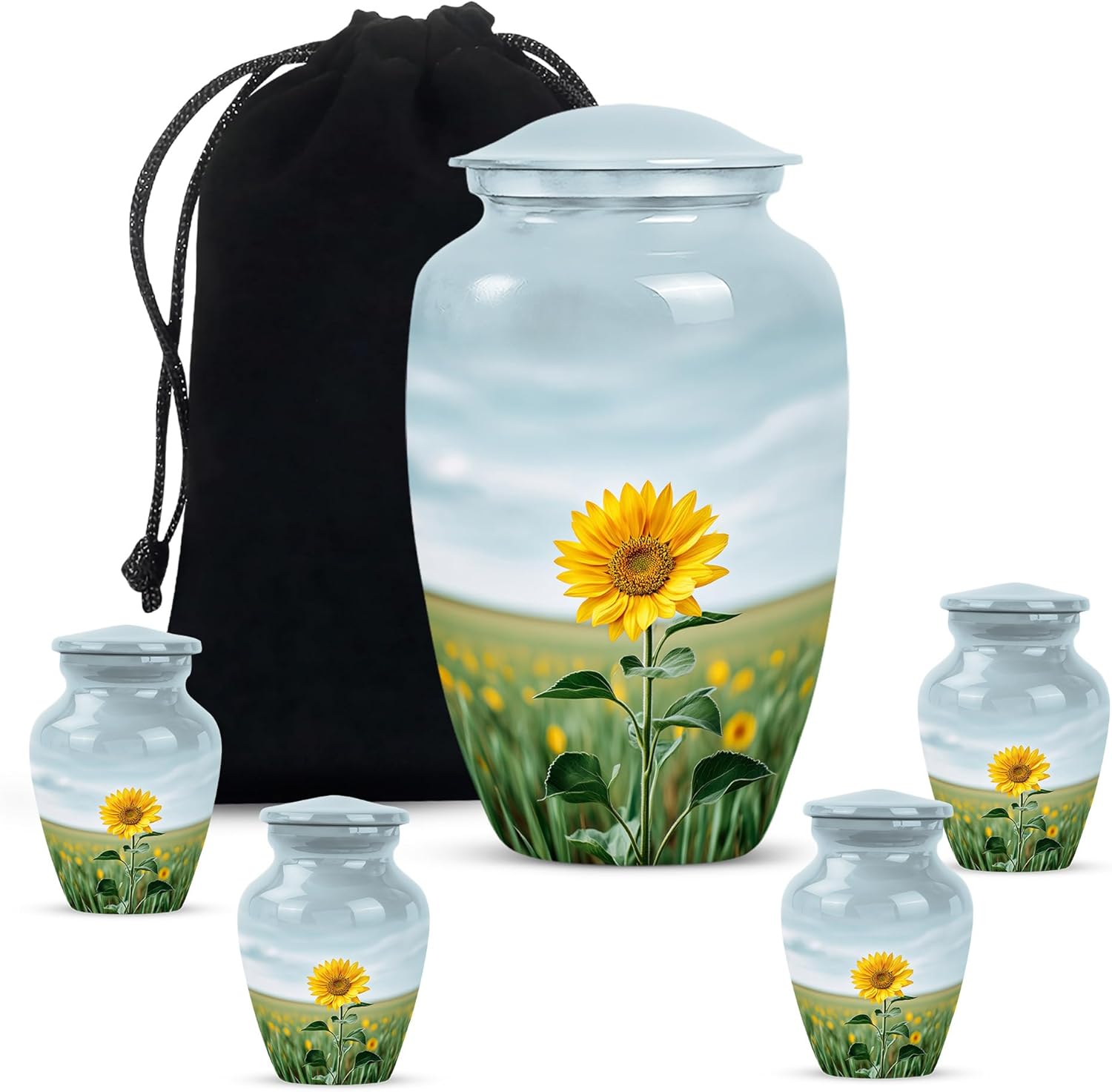 Sunflower Urn - Sunflower Small Cremation Keepsakes for Ashes – Combo of 5 with 1 Large 10 Inch Urn for Adult Female & Male and 4 Blue, Sunset Mini Urns for Mom, Men & Women – Funeral Ash Set