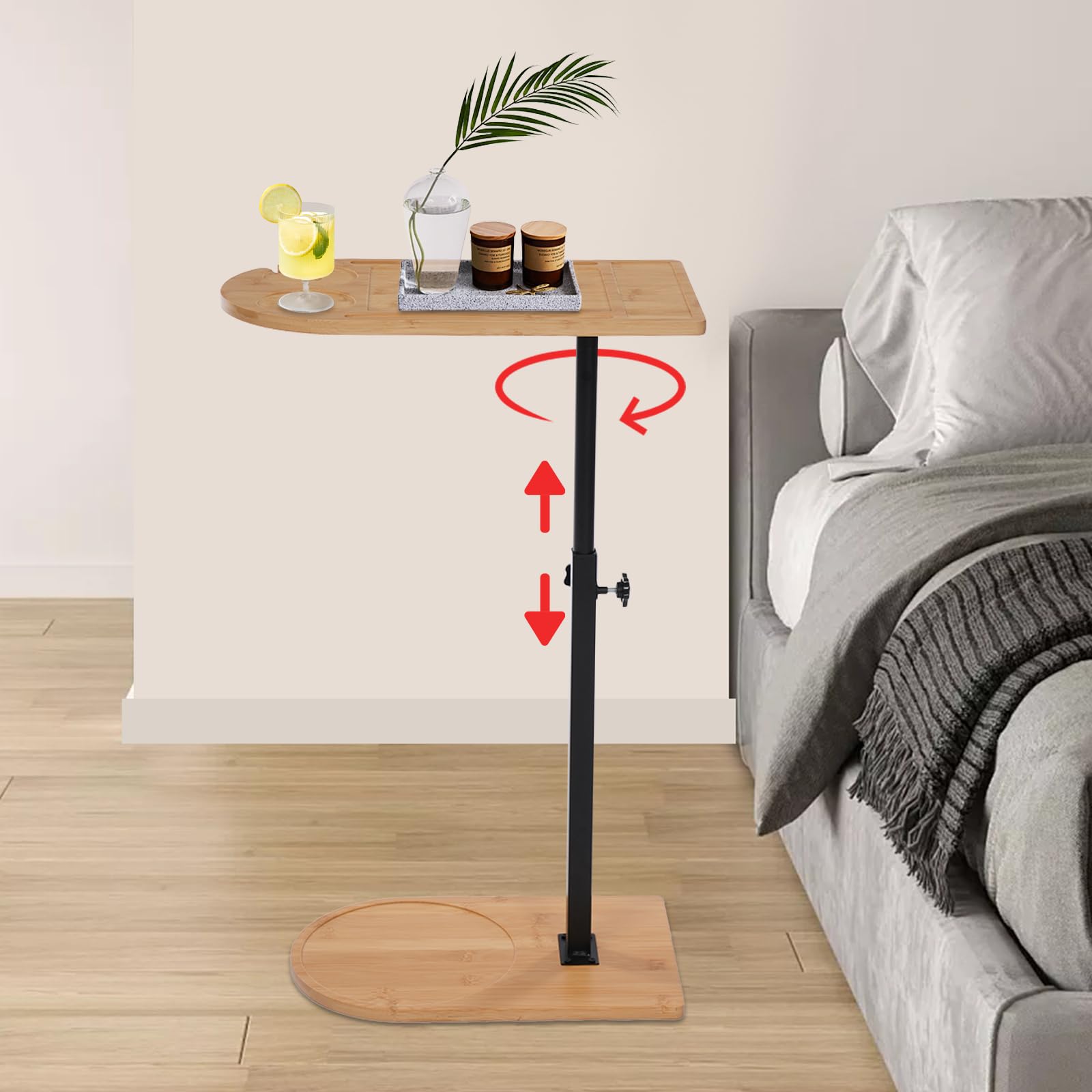 Tavolini a forma di C, Tavolino Laterale Girevole a 360° Regolabile in Altezza, Tavolino da Letto in Bambù Comodino per soggiorno e camera da letto