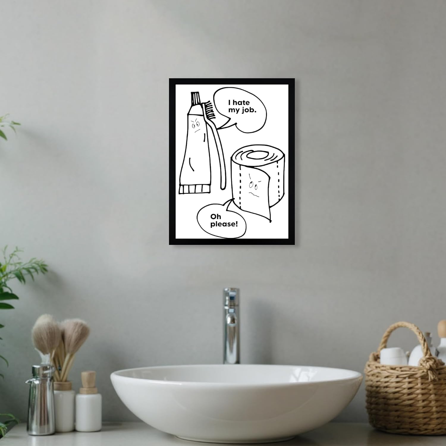 Urmoya Black and White Funny Toiletries Bathroom Wall Art, Modern Minimalistic Bathroom Sign Wall Decor with Humorous Canvas Print, Cute Art Prints Ready to Hang 12x16 Inch Wood Framed