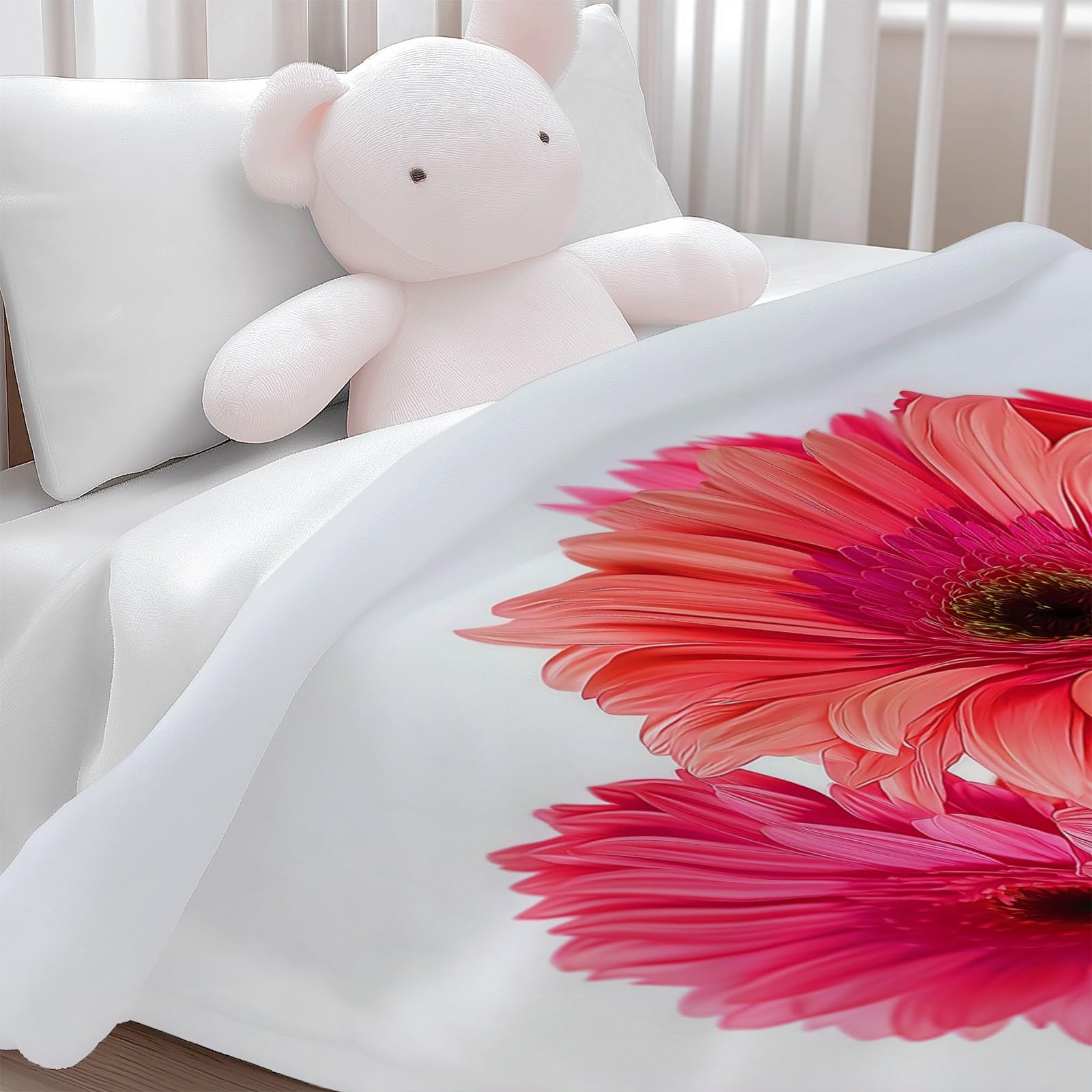 Koc polarowy roślinny Gerbera Pojedynczy koc polarowy, narzuta na sofę polarową, koc na łóżko 2-osobowe, gruby miękki i ciepły pled wysokiej jakości, 220 x 240 cm Biały