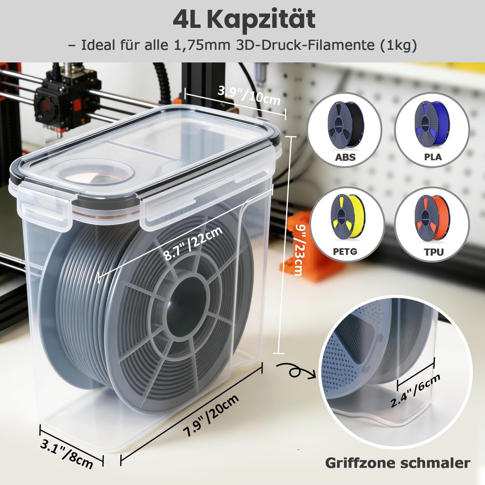 Filament Aufbewahrungsbox, 6 Stück Filament Box für 3D-Druck-Filament Versiegelung und Schutz, Wasser- und Staubdichte Filamentaufbewahrung mit Trockenmittel & Etiketten 4,0L