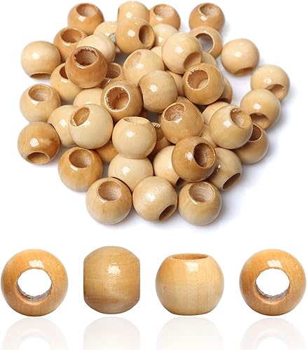 Miniatura 22 de 50 Piezas Cuentas de Madera Agujero Grande Cuentas de Madera para Manualidades de Macramé, Cuentas de Madera Sueltas Espaciadoras Redondas