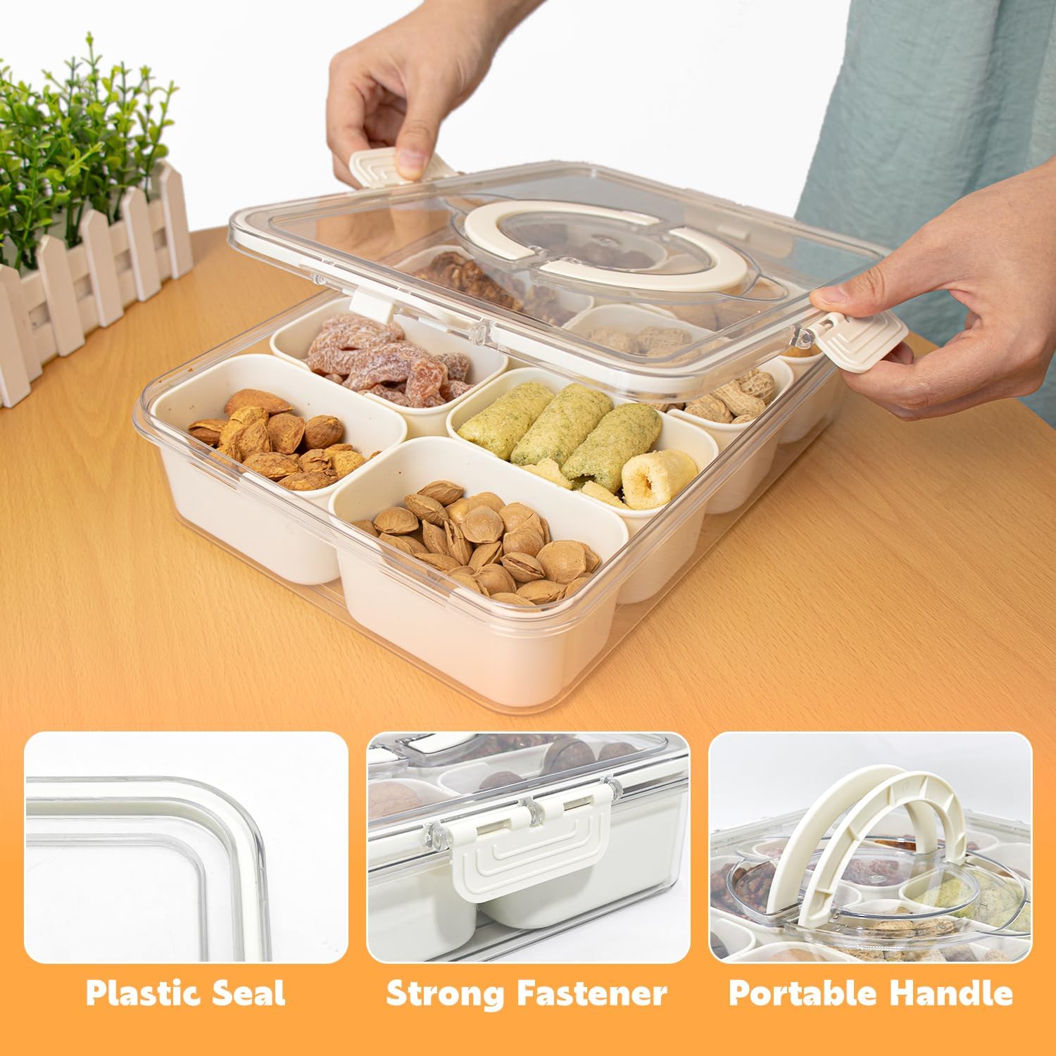2 Pezzi Portatile Snack Box con 8 Scomparti,Contenitore Snack,Vassoio da Portata Diviso,Snack Box Compartiment,per Conservare Noci,Caramelle,Biscotti,Frutta