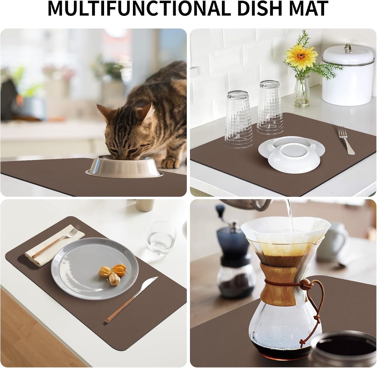 Dish Drying Mat for Kitchen Counter, Coffee Mat with Non-slip Rubber Backed, Hide Stain Absorbent for Kitchen Counter, Fit Under Coffee Maker, Dish Rack,12"x19",Brown
