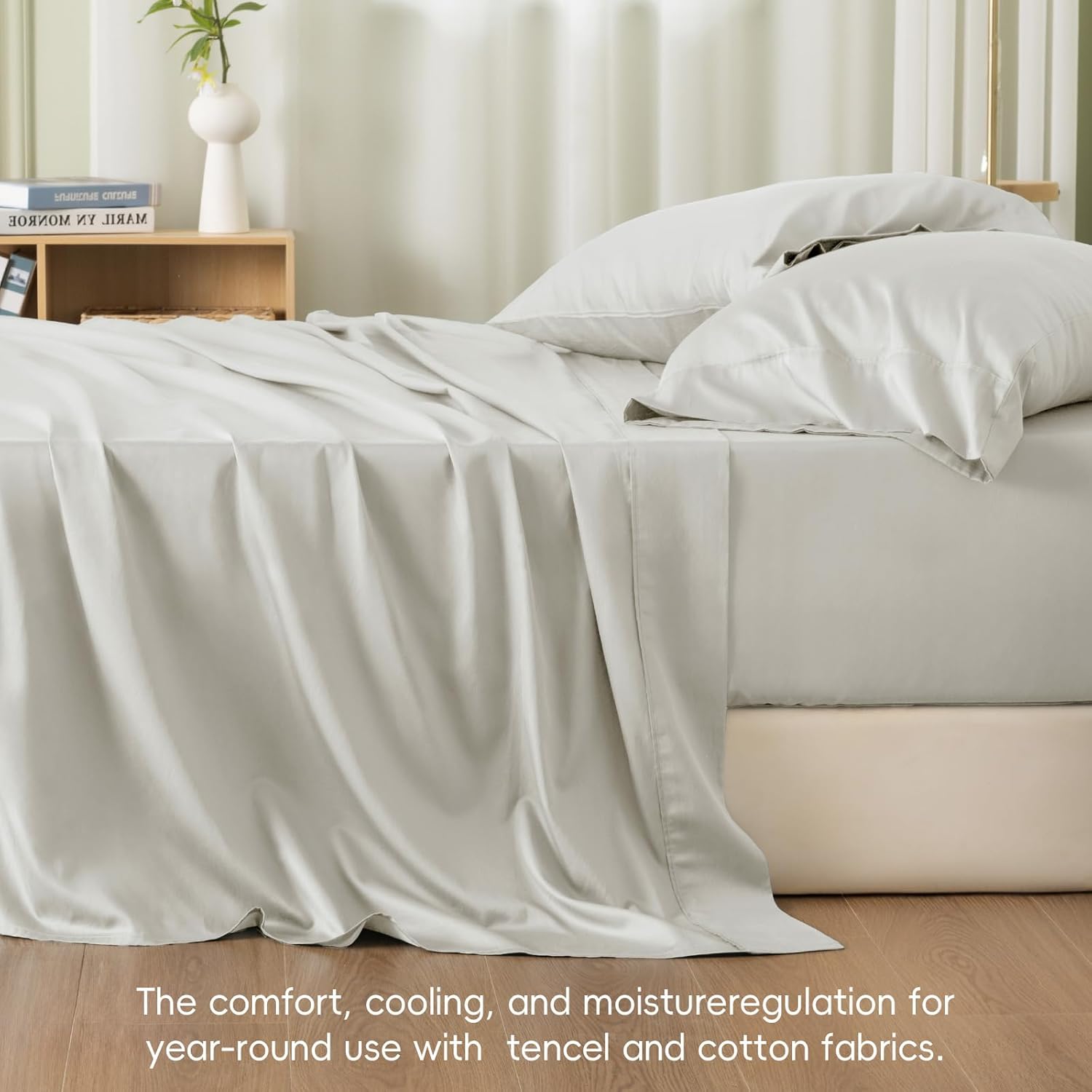 PHF Soft Tencel Lyocell Sheet Set King Size for Hot Sleepers, 4 Pieces Silky and Breathable Eucalyptus Bed Sheets with Deep Pocket, Luxury Bedding Set for All Season, Light Grey