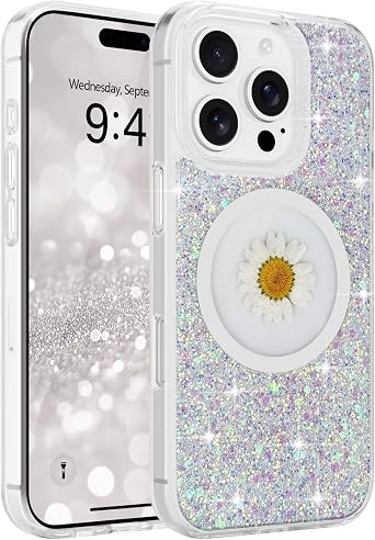 Magnetic for iPhone 16 Pro Case, Glitter Real Flower Cover, White