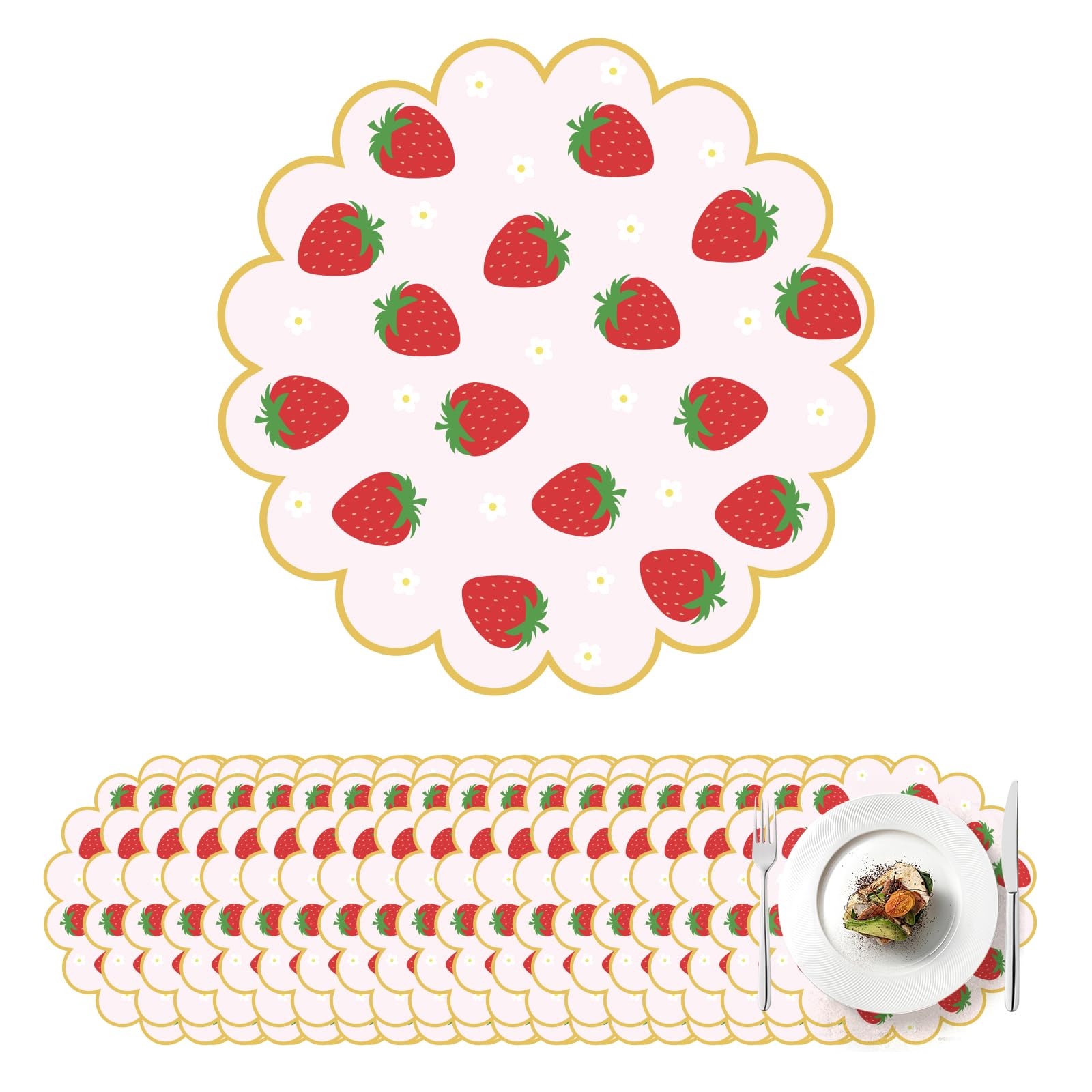 100Pcs Strawberry Paper Placemats Pink Fruit Place Mats 13.5 Inch Disposable Round Decorative Dining Table Mats with Scalloped Edges Paper Cutouts for