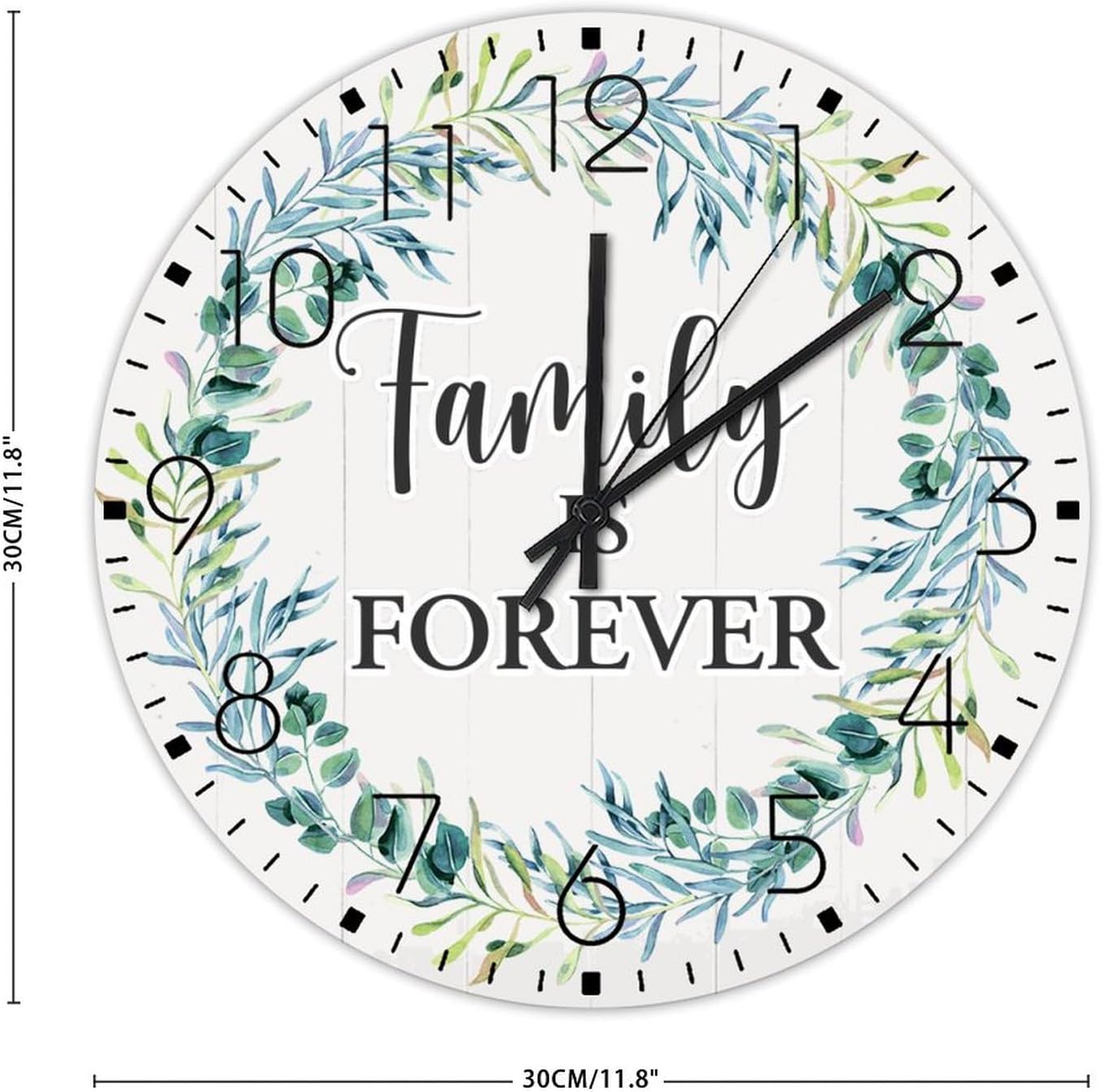12 Inch Silent Non-Ticking Wall Clocks Battery Operated Family is Forever Home Decoration for Garage Beautiful Wreath Greenery' Custom Round Wooden Wall Clock Country for Auto Shop Washroom