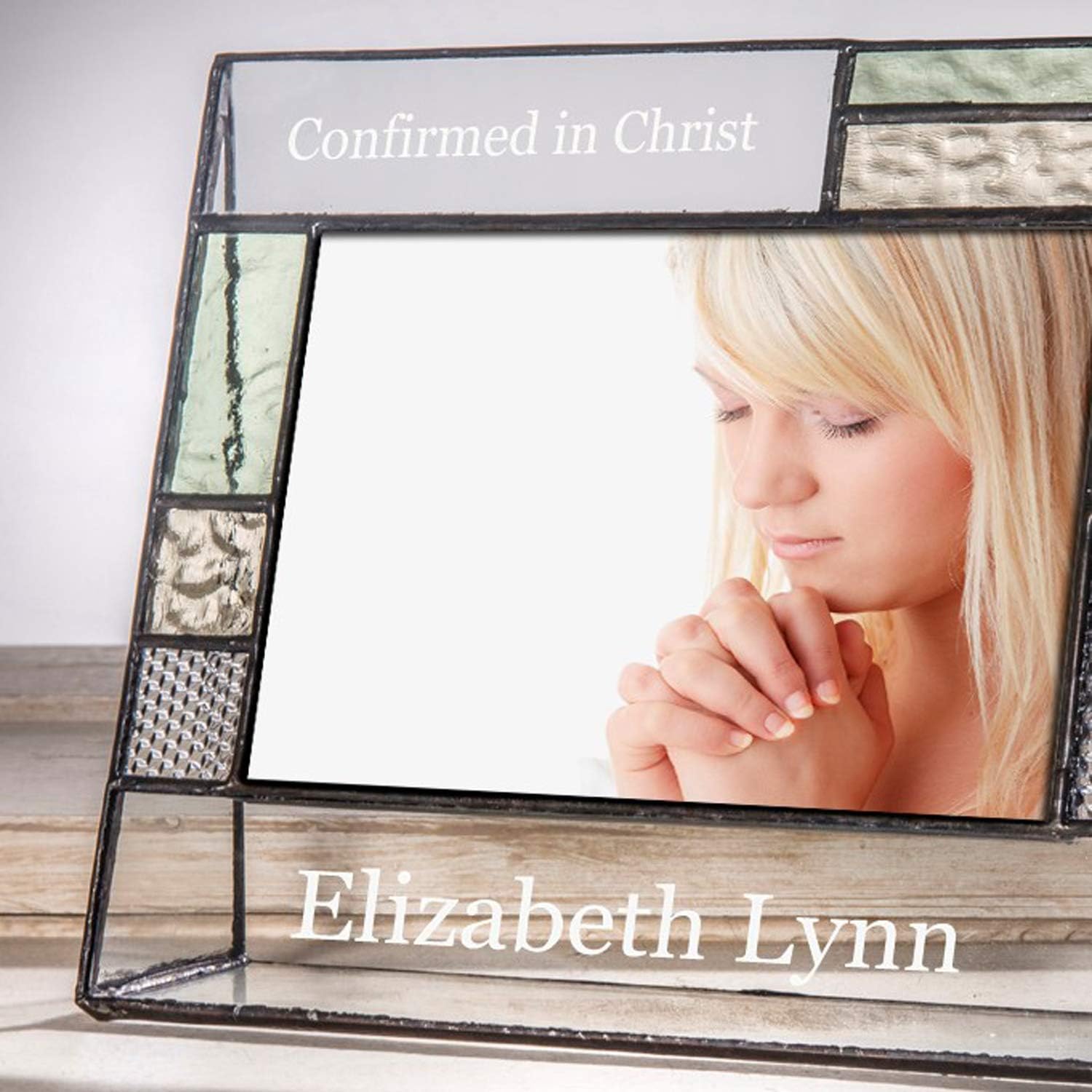 J Devlin Personalized Confirmation Picture Frame - 4x6 Horizontal Stained Glass in Pale Green, Antique Yellow, and Clear