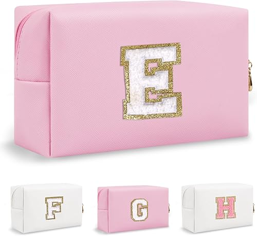 Biileen Bolsa de maquillaje preppy inicial personalizada Pequeña bolsa de carta de chenilla de viaje linda, Rosado