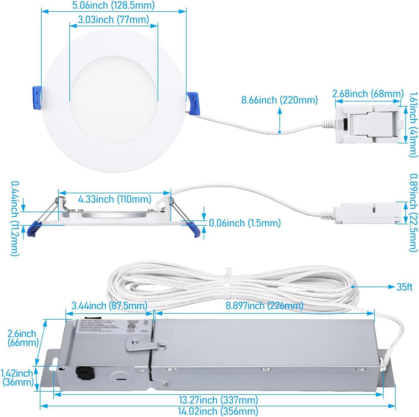 TORCHSTAR Quick Installation 5CCT 4 Inch LED Canless Ultra-Thin Recessed Lighting Kit, 120V-277V 4ps 4" CRI90 Downlights for Ceiling and Shower, Compatible with 0-10V & TRIAC Dimmers, T24 ETL Listed