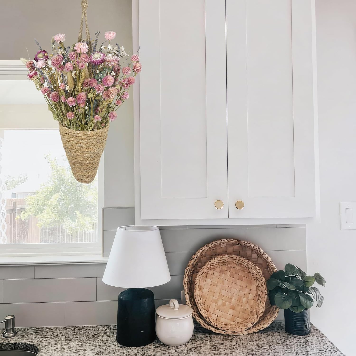 Hanging Wall Basket and Natural Dried Flower Bouquet Conical Hanging Wicker Basket with Hemp Rope Handmade Wall Planter for Garden Home Flowers Planters Boho Decor Front Door Porch Entryway
