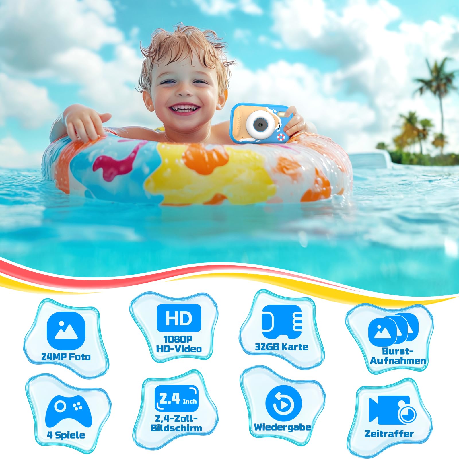 CHAKEYAKE Unterwasserkamera, IP67 wasserdichte Digitalkamera mit 32GB Karte, 1080P 10X Zoom Kinderkamera, Geschenk für Jungen und Mädchen 3–12 Jahre, Strand und Pool Spielzeug, Blau - 3