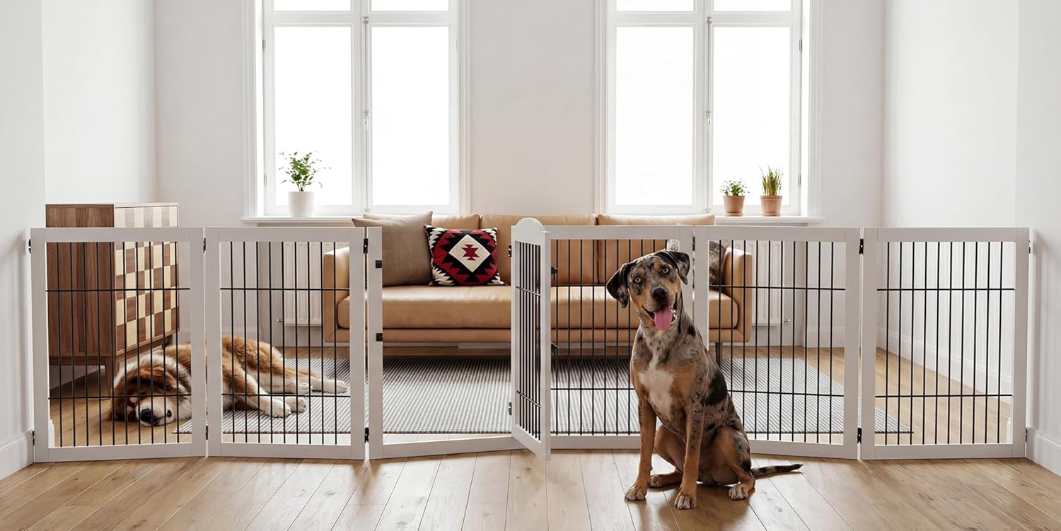 133 inch Extra Wide Dog Gate Indoor for The House, Doorway, Stairs, 31.5 inches Tall 6 Panels Free Standing Dog Gate with Door Walk Through, Puppy Playpen Safety Fence No-Assembly