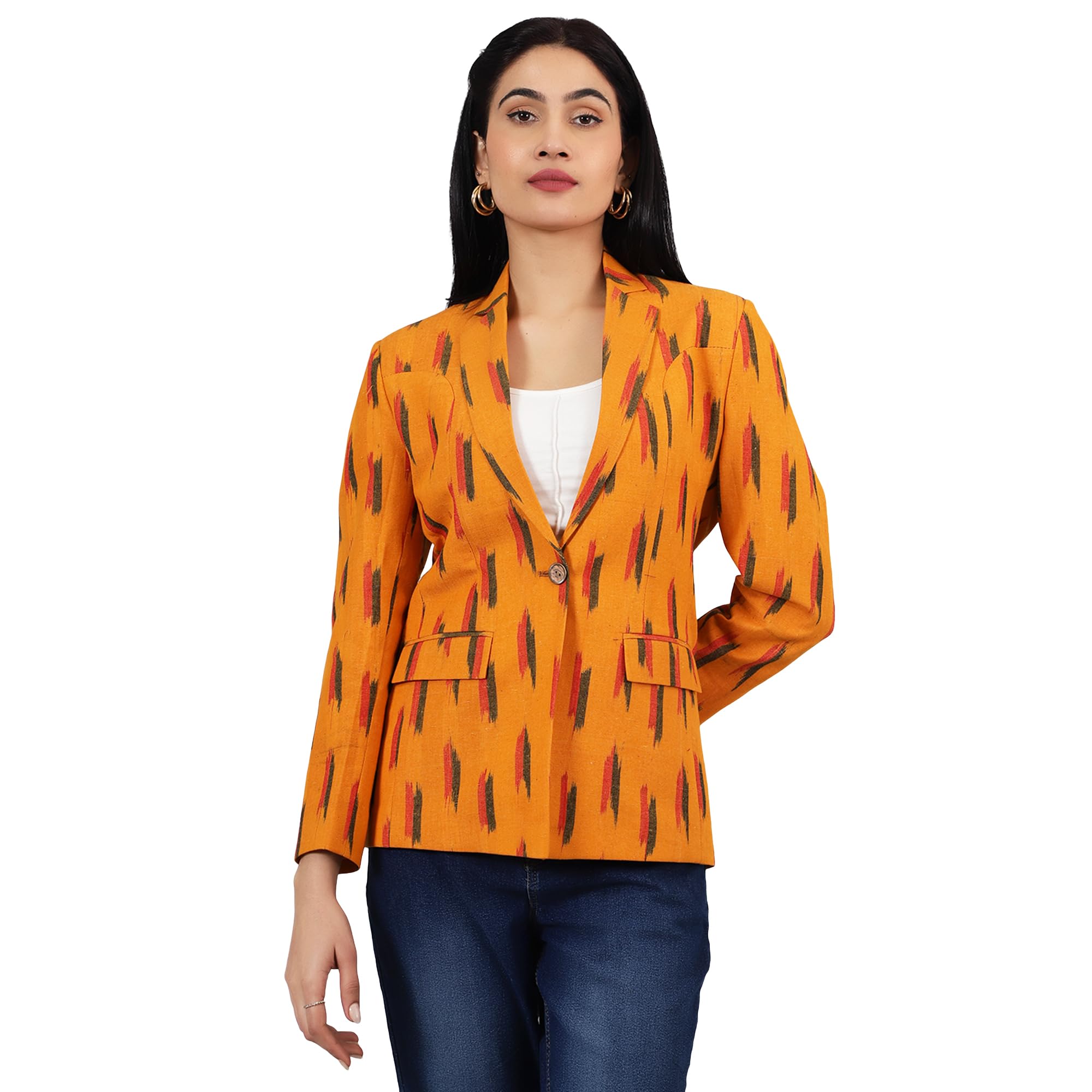 indophilia Womens Ikat Yellow Cotton Blazer-picture-13