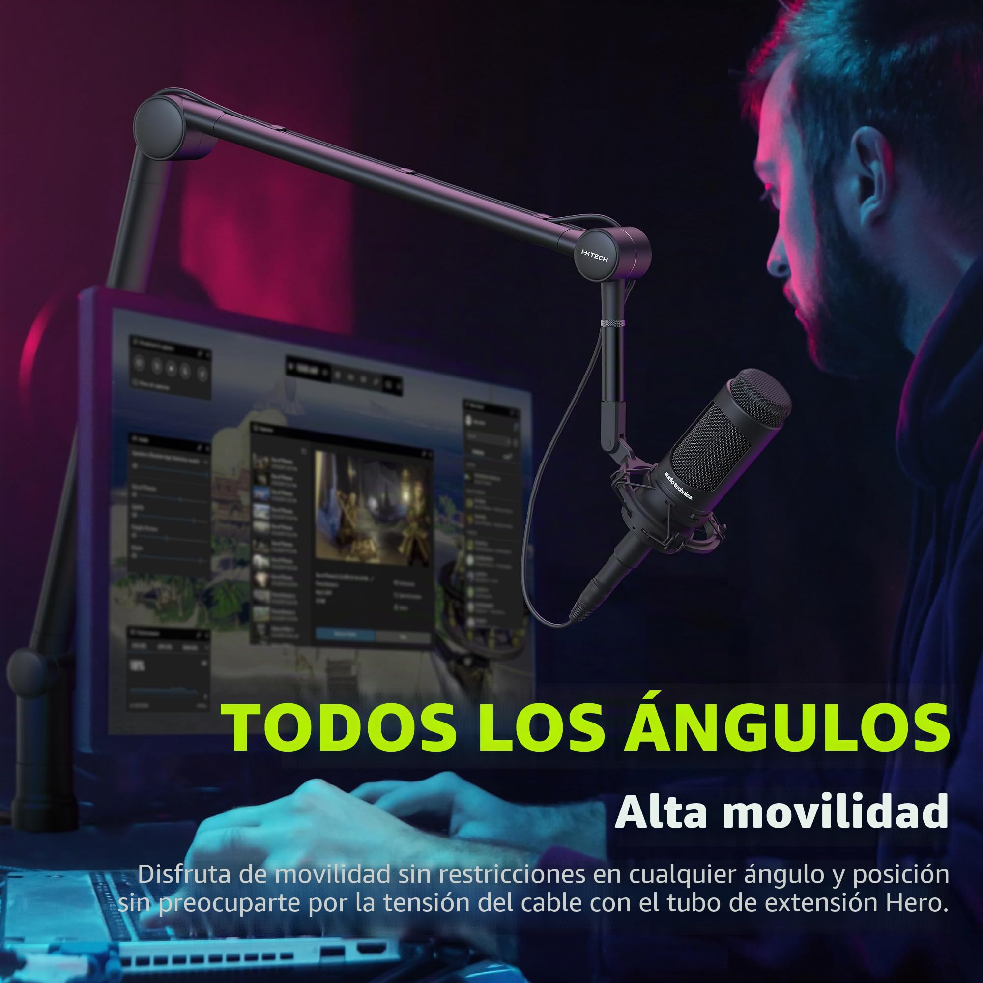 IXTECH Soporte de micrófono de brazo con tubo de extensión mejorado para Shure SM7B MV7 Blue Yeti azul Yeti, soporte de escritorio plegable con brazo de tijera para juegos de podcast