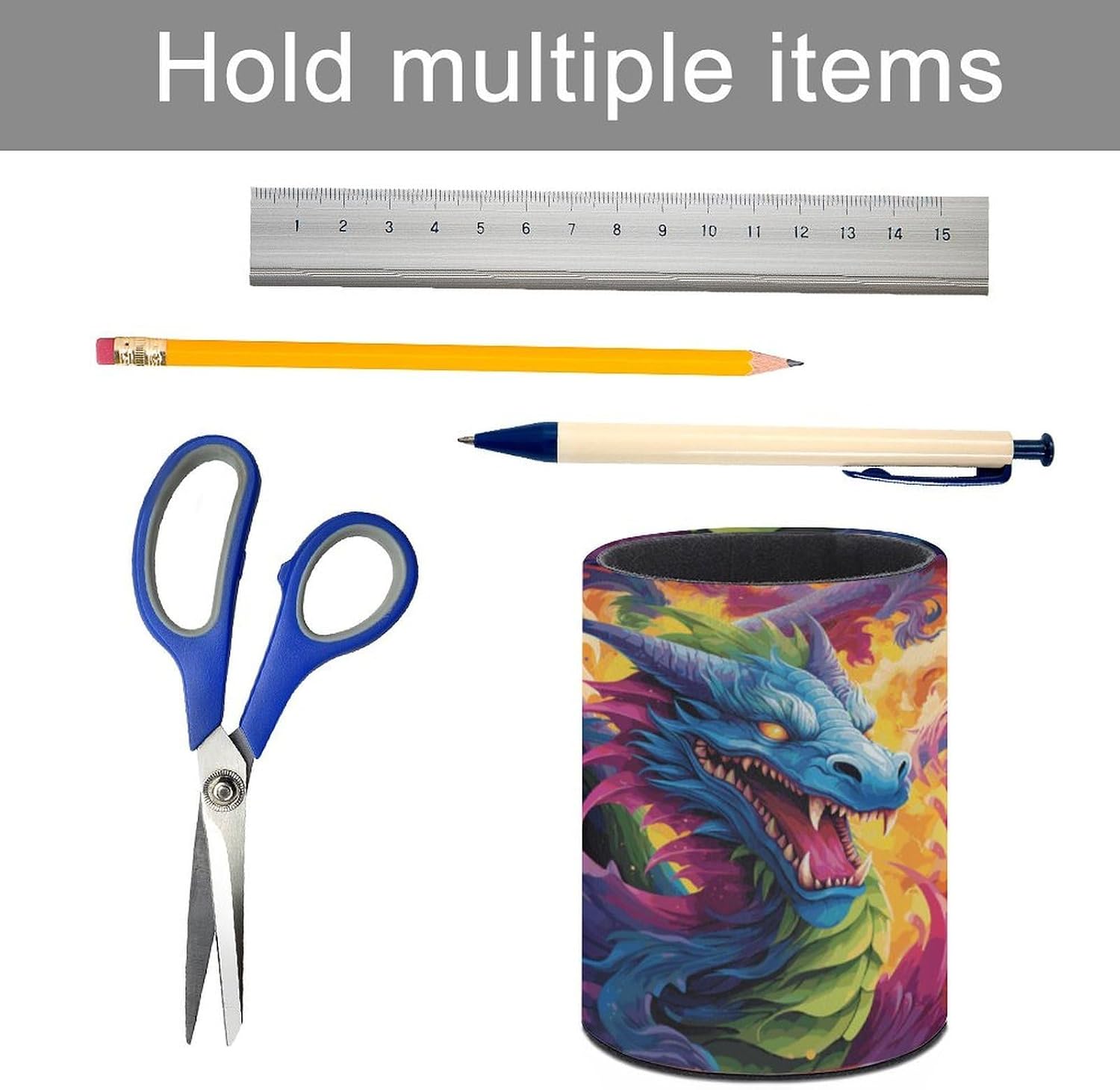 PU Leather Round Pen Holder Colorful of Dragons Desk Organizer image 5