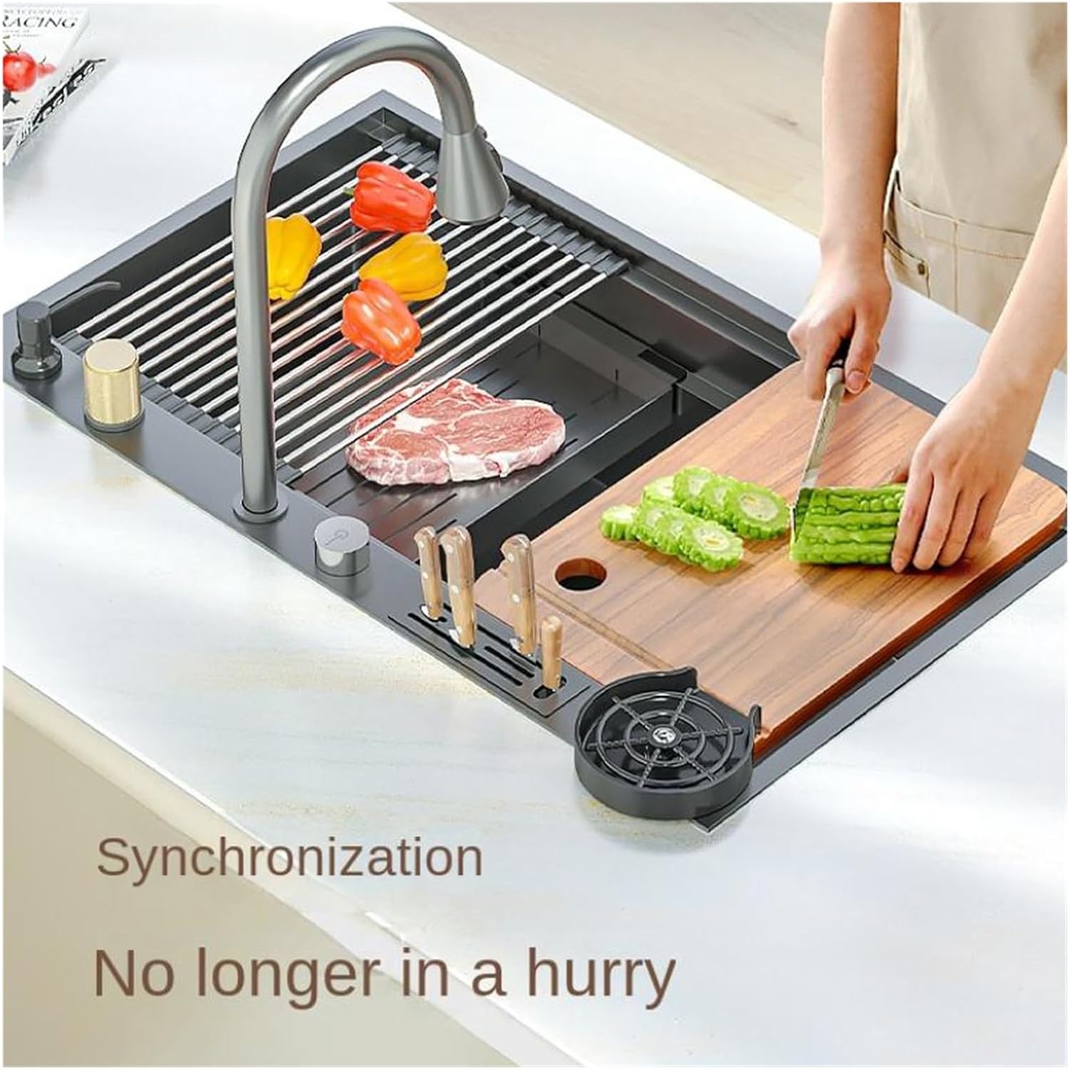 Kitchen Sink 304 Stainless Steel Large Single Slot Hidden Waterfall Faucet Rapid Drainage Design Double Step Slide Rail Sink(8652 T2)
