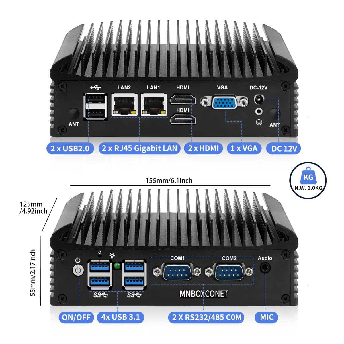 Industral Mini PC Fanless Low Power N100, Micro Embedded PC DDR4 0GB RAM 0GB SSD Barebone, WIFI/BT, Small Box Computer with 2 x RS232/422/485 COM, 2 x GbE LAN