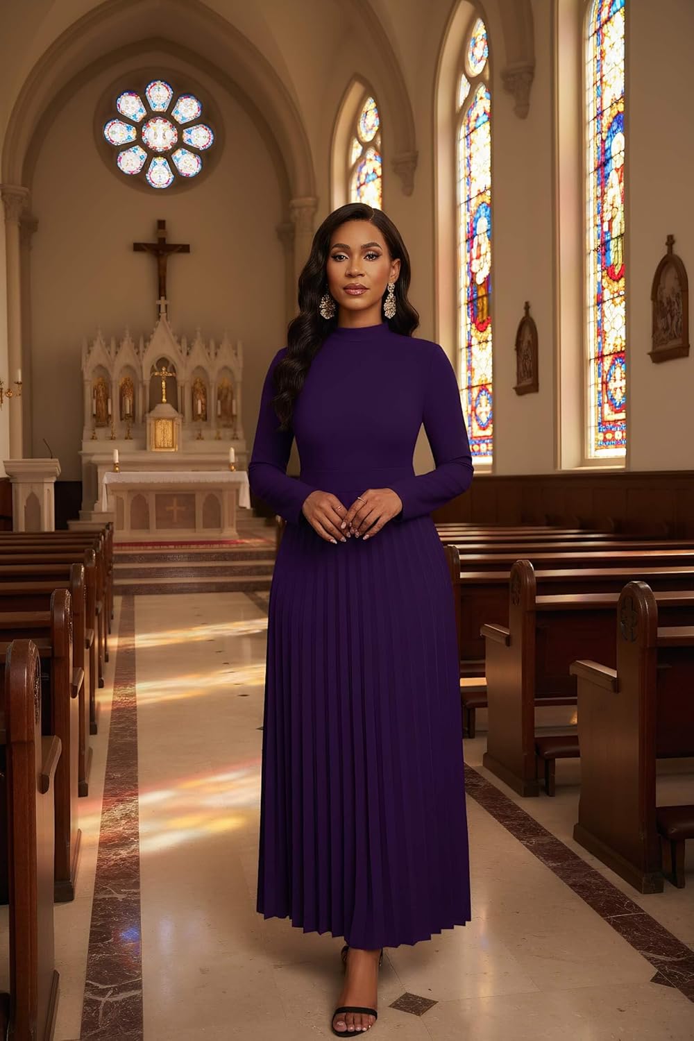 Nmoder Maxi Long Dress for Women, Casual Pleated Empire Waist Dresses Crewneck Long Sleeve - Image 2