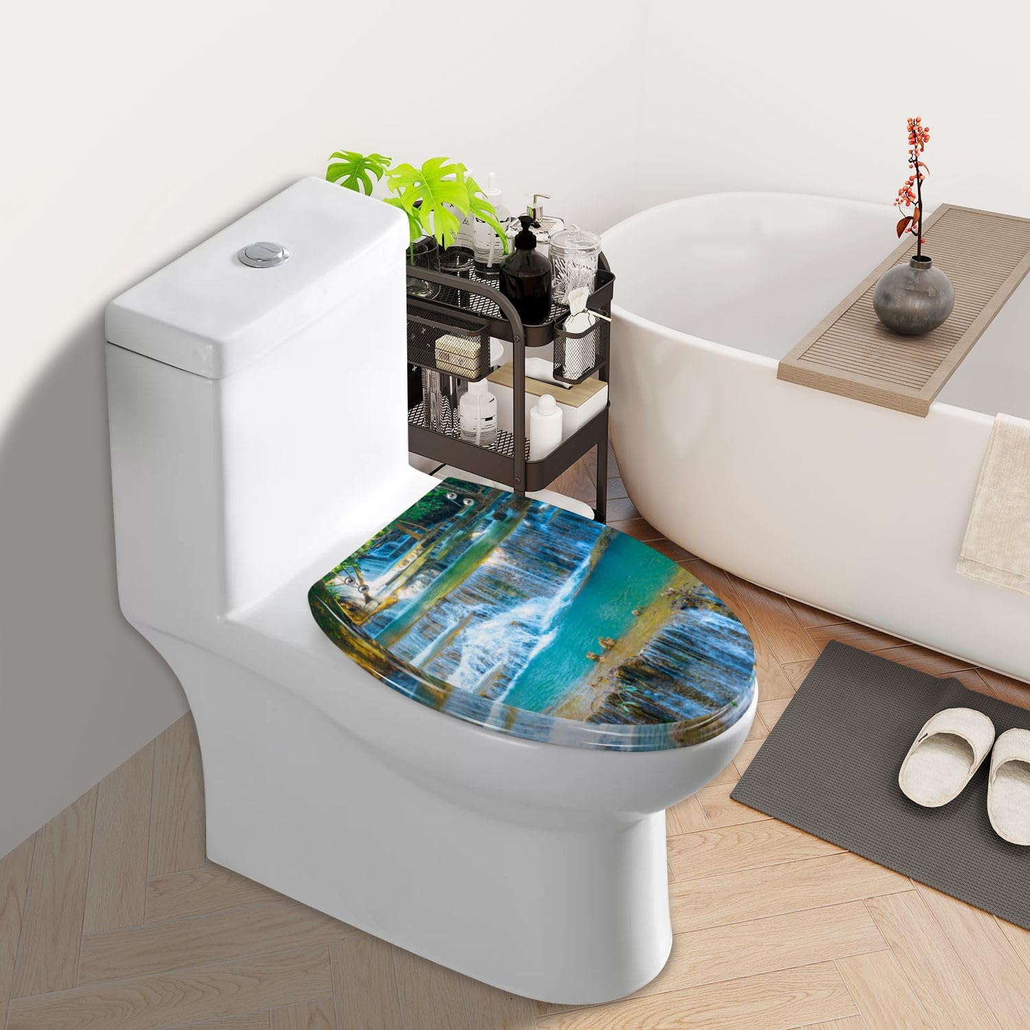 Elongated Toilet Seat Amazing colorful waterfall national park forest during spring Resin Toilet Seat Slow Quiet Close with Quick-Release Hinges Toilet Seat with Cover Easy to Clean Install