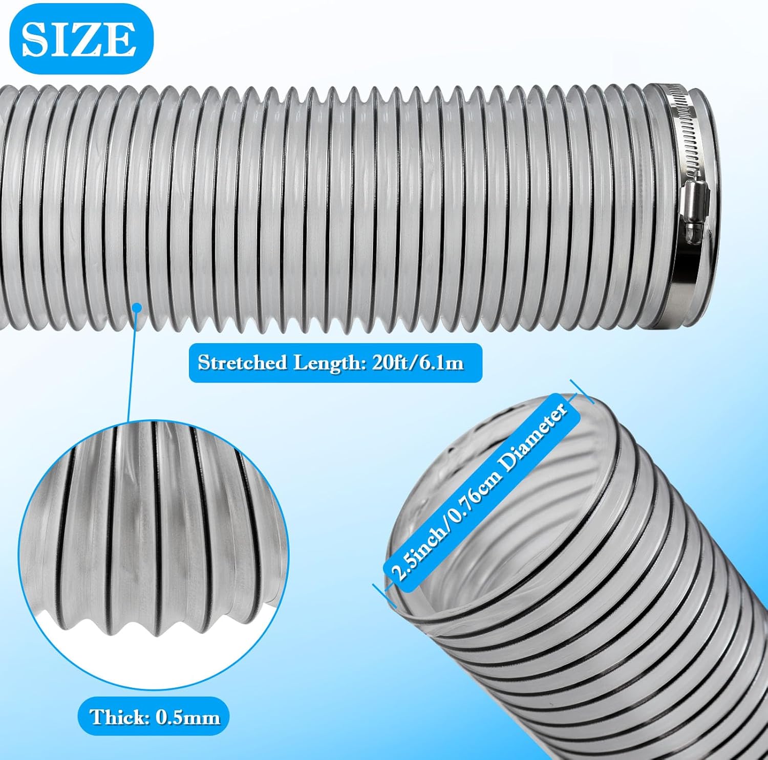 2-1/2" x 20' PVC Dust Collection Hose,2.5 Inch Dust Collector Hose,Dust Vacuum Hose Tube Pipe Flexible Clear PVC Fume Hose w/Carbon Steel Wire for Woodworking,Workshops,Dust Collectors