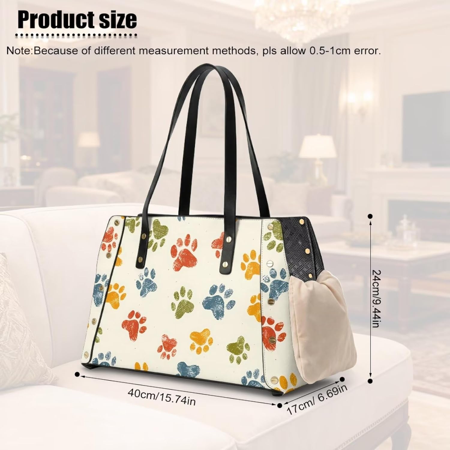 COEQINE Dog Bag Carrier Purses for Womens Colorful Paw Prints Beige Leather Sling Bag for Women Breatheable Pet Handbags Carrier for 0-15 ibs