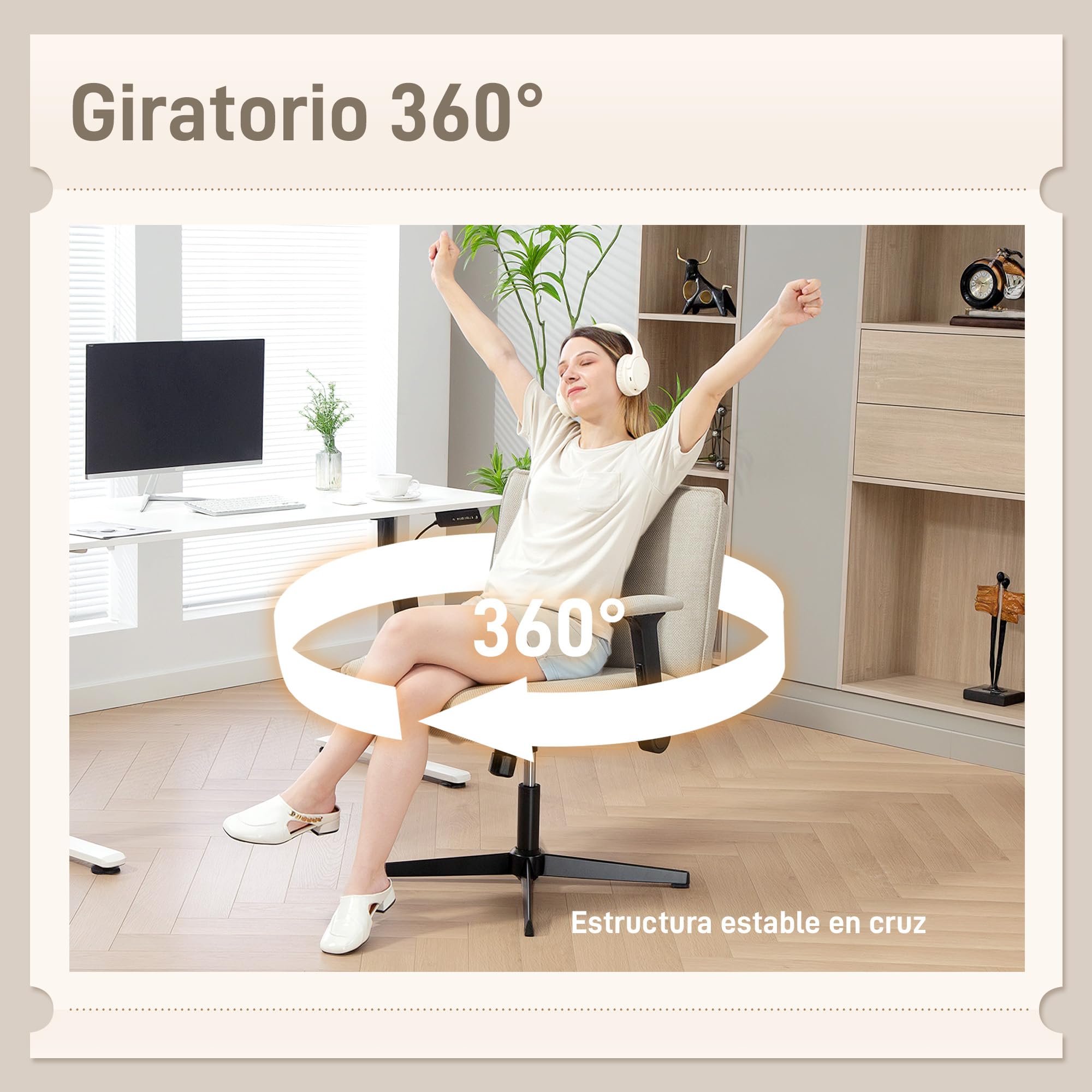HOMCOM Silla de Oficina Piernas Cruzadas sin Ruedas Crema | Silla Escritorio, Asiento Ancho 63 cm, Reposabrazos Abatible, Altura Ajustable, Giratoria, Función Basculante, Tapizada Lino