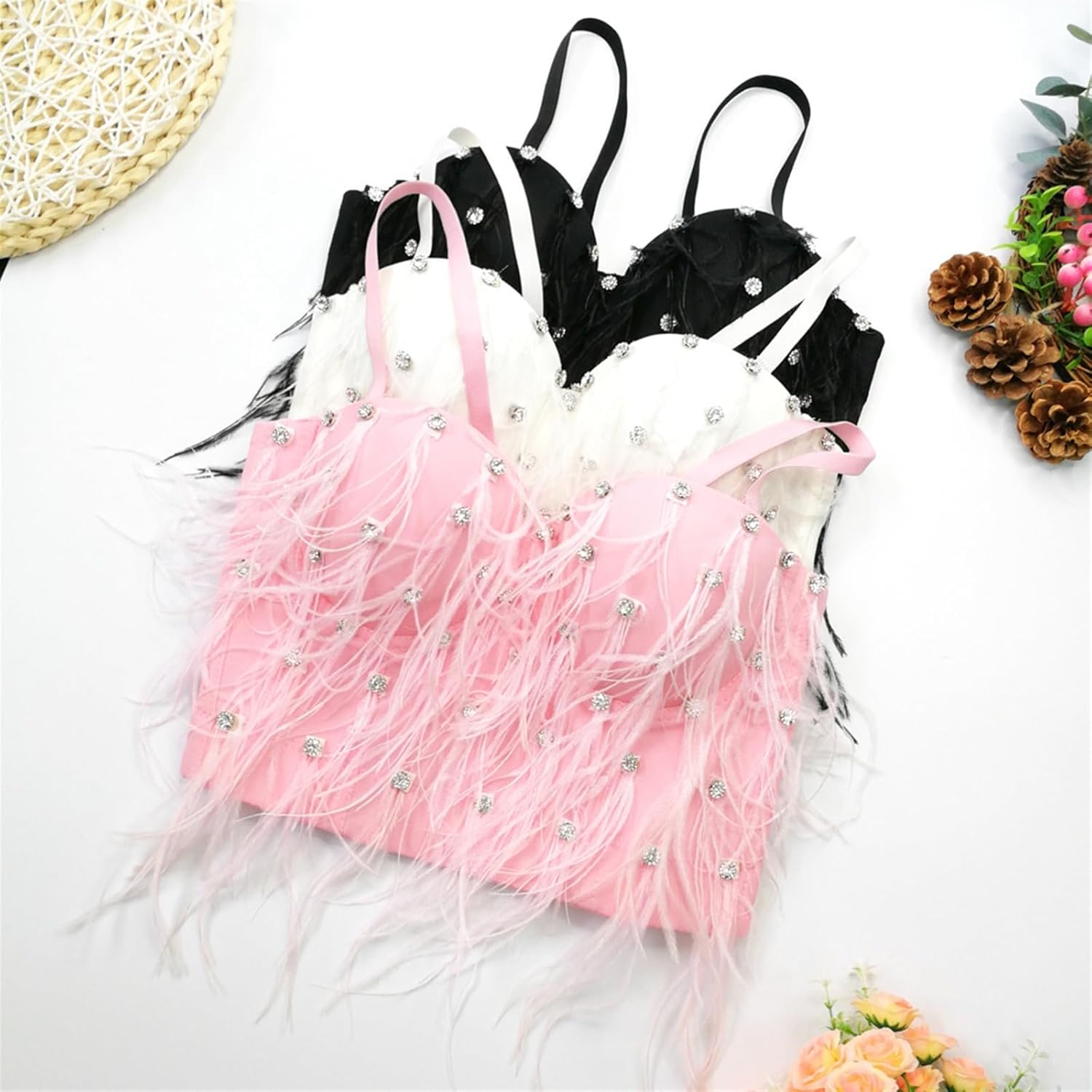 Women's Tassel Rhinestone Corset Bustier Push Up Bralette Clubwear Crop Top Bra